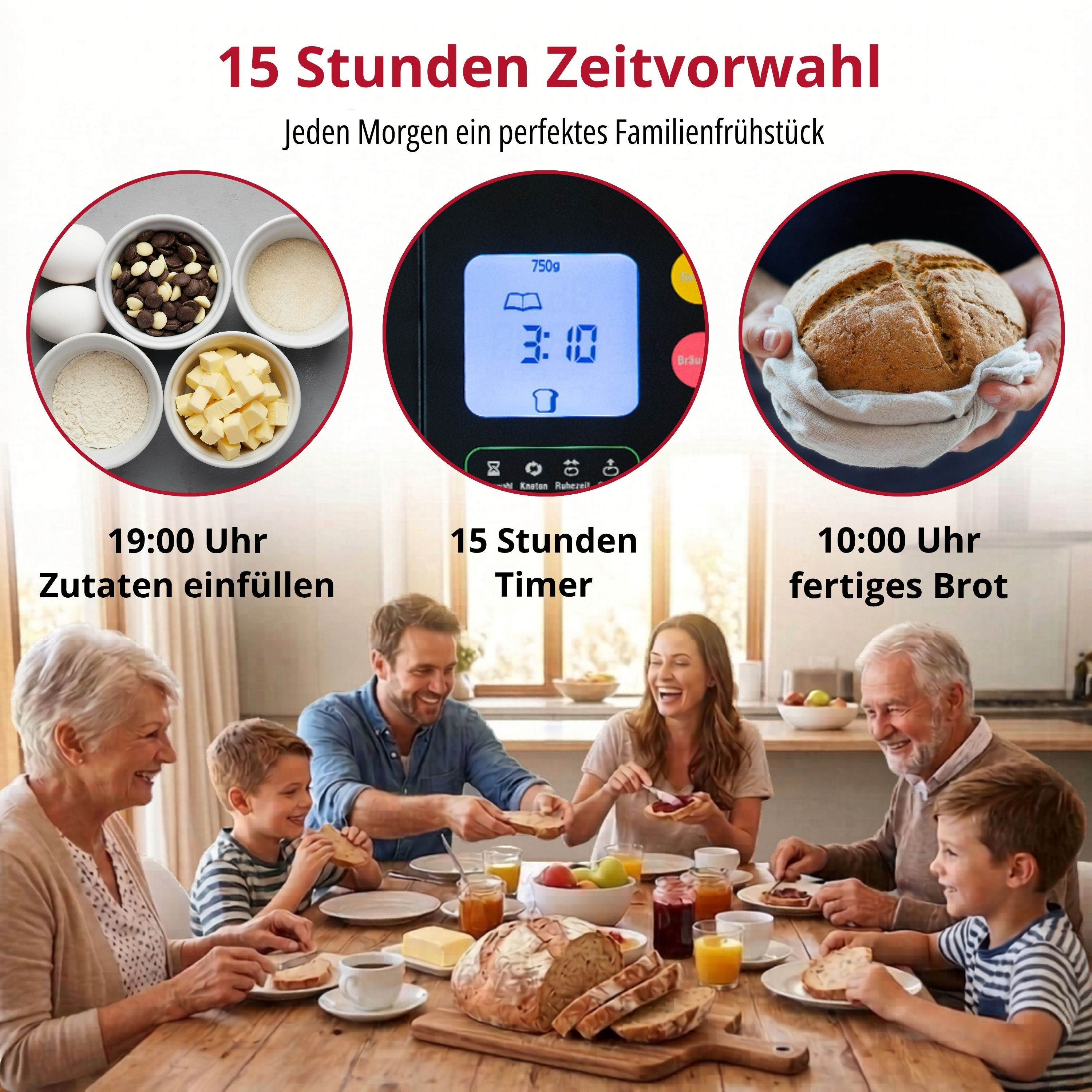 Familie beim Frühstück, Zutaten, Timer und fertiges Brot.