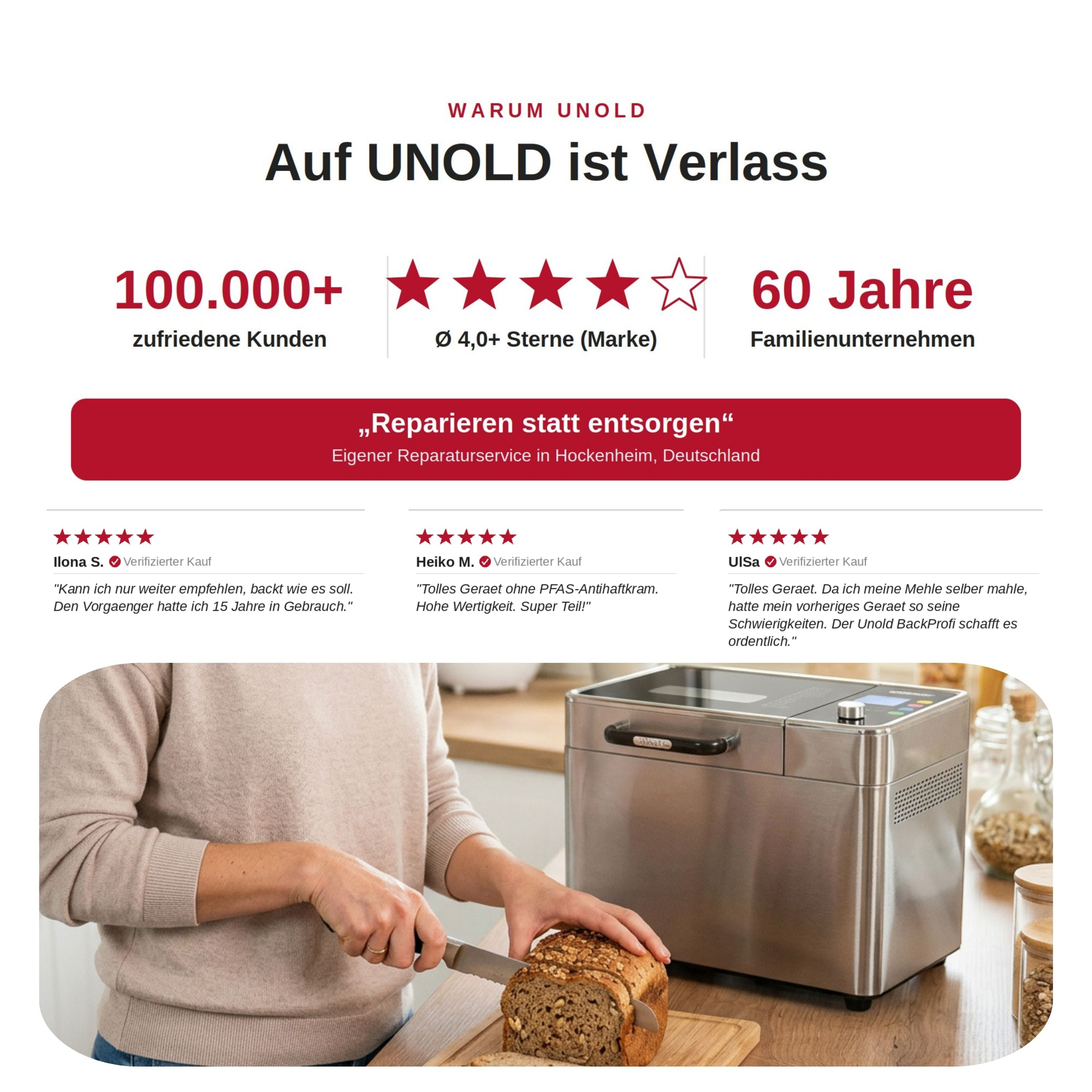Eine Frau schneidet ein Brot, daneben ein Brotbackautomat.