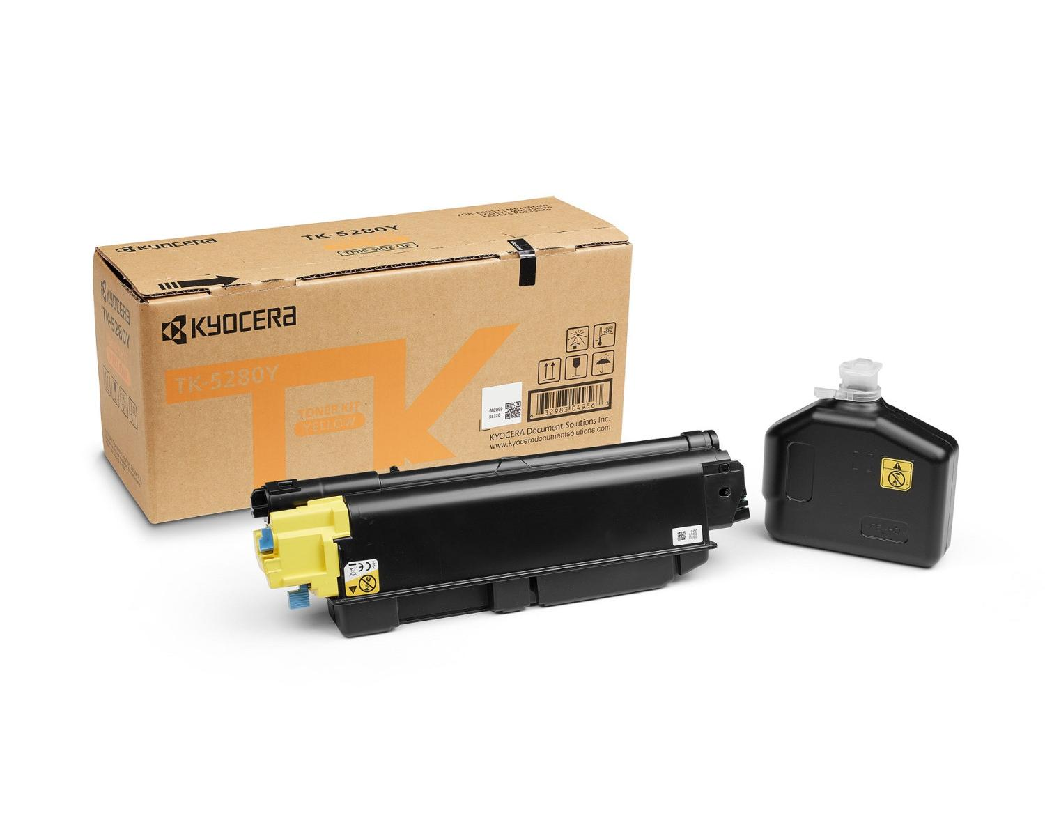 Kit toner Kyocera giallo e contenitore accanto a una scatola.