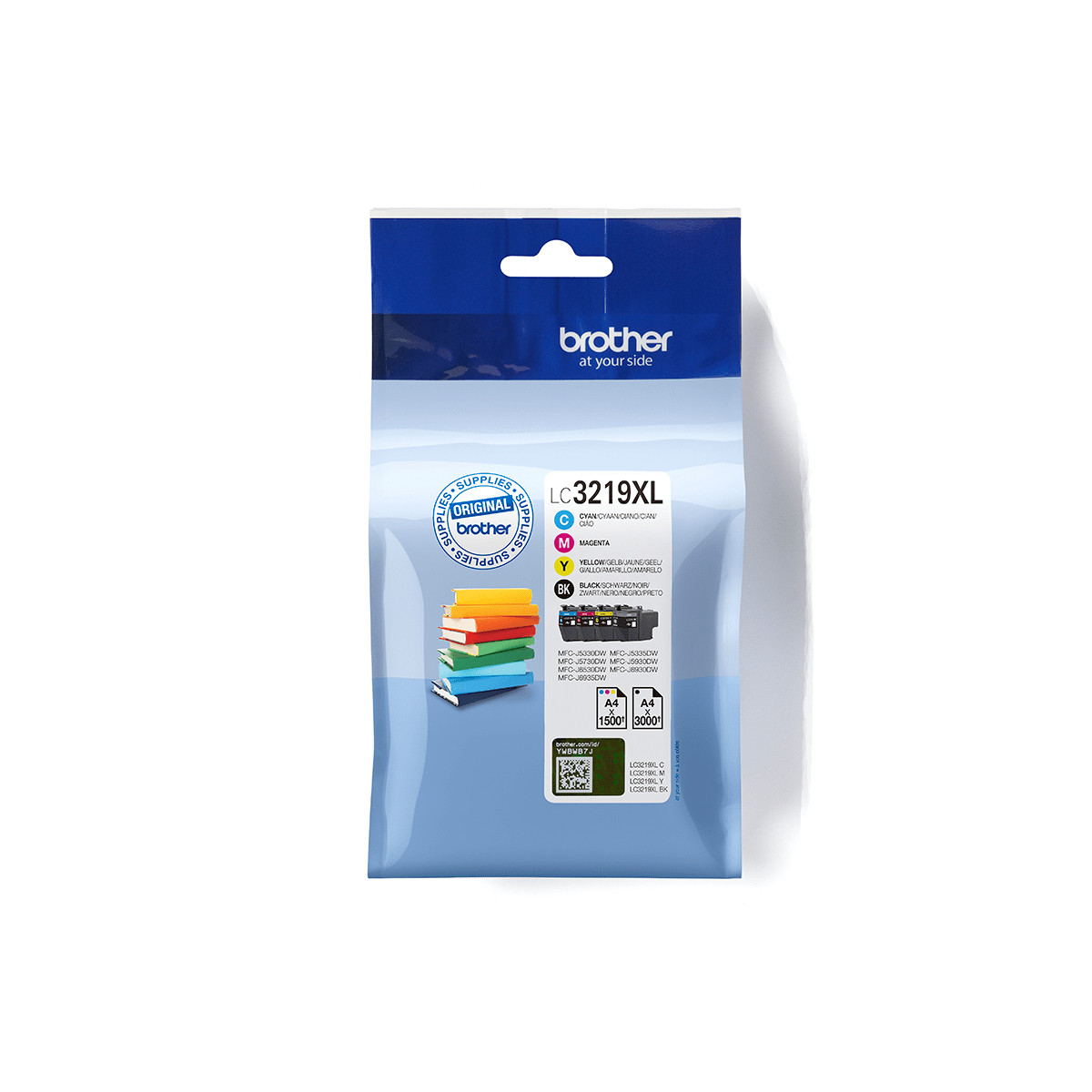 Confezione cartuccia inchiostro Brother LC3219XL con cartucce colore e nere.