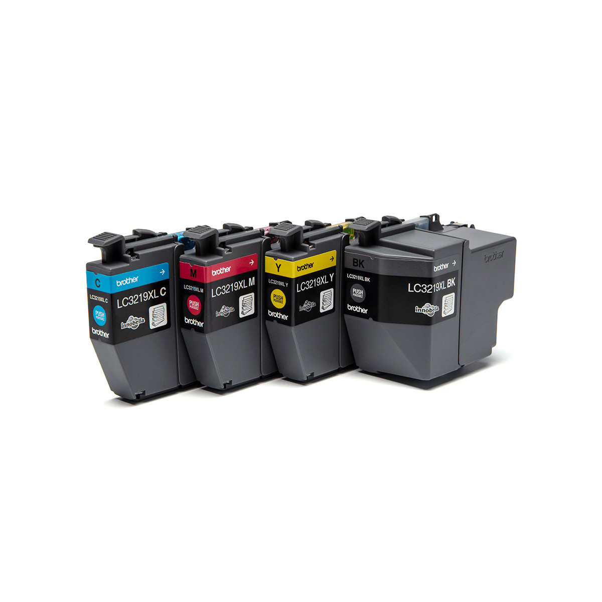 Quattro cartucce d'inchiostro Brother allineate: Ciano, Magenta, Giallo e Nero.