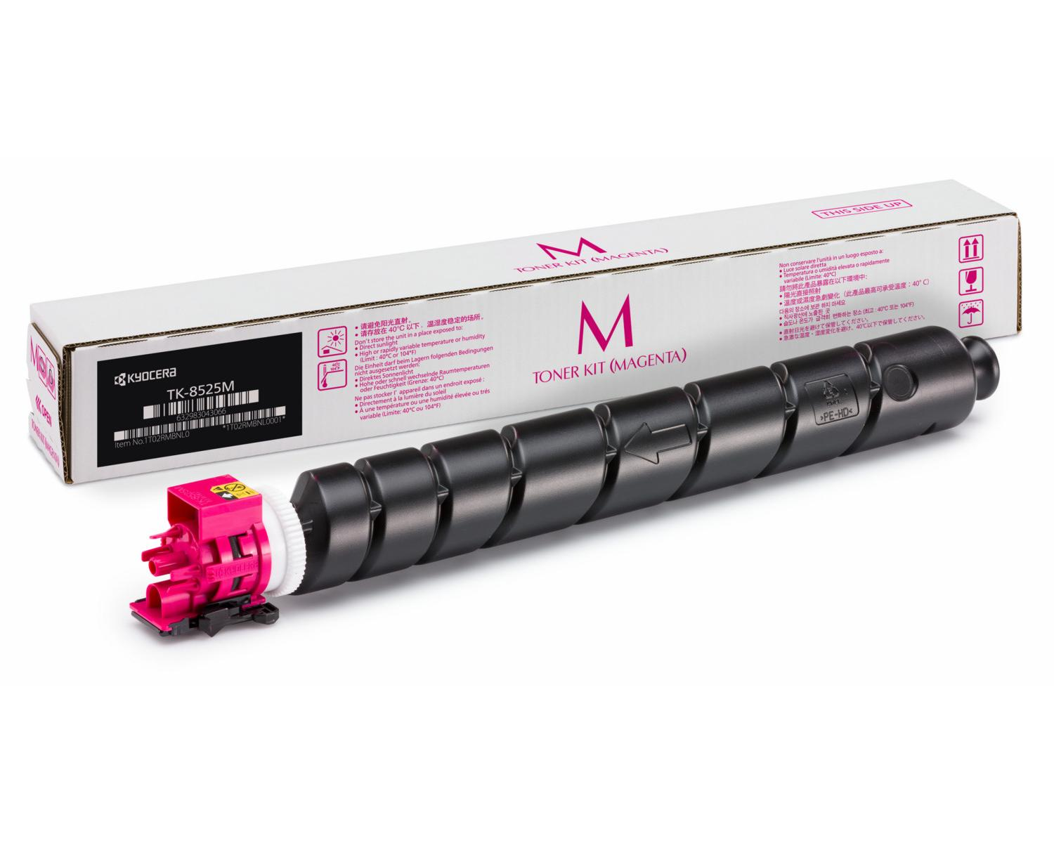 Un kit toner Kyocera TK-8525M magenta repose sur sa boîte.