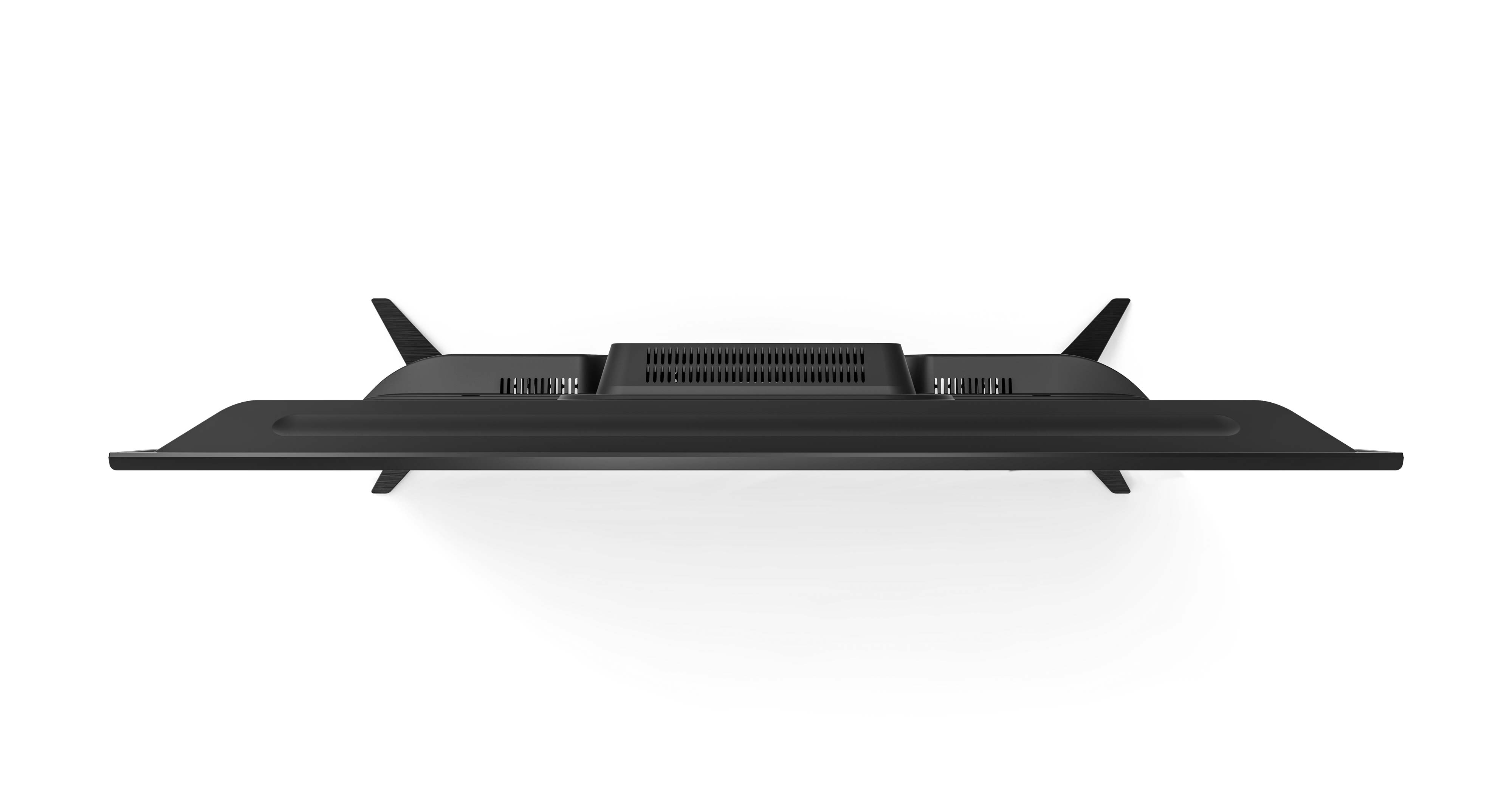 Vista trasera de un televisor negro con soportes sobre fondo blanco.