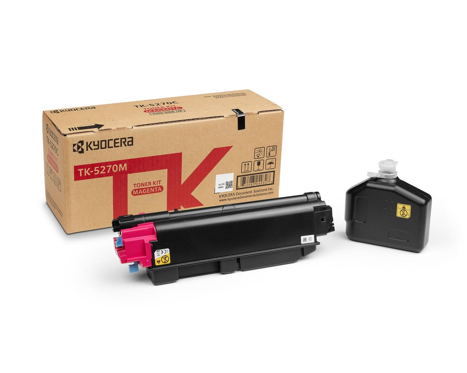 Kit toner magenta Kyocera TK-5270M e un contenitore nero su sfondo bianco.