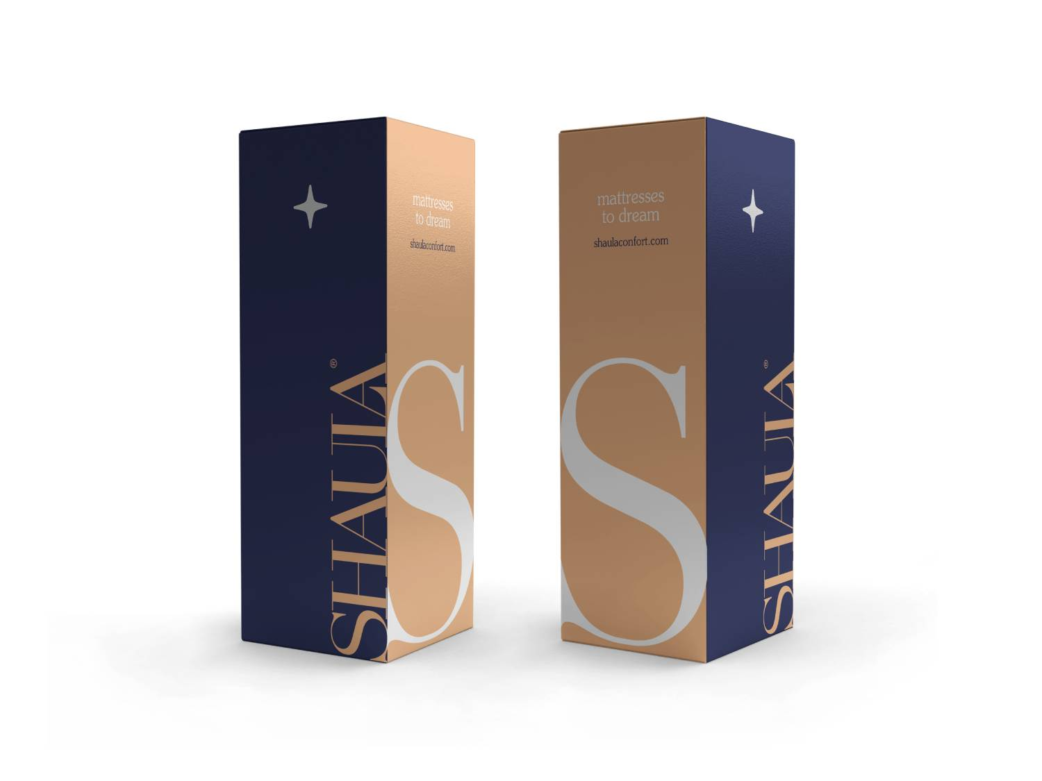 Dos cajas de colchones Shauia en azul marino y dorado, con estrella y logo 'S'.