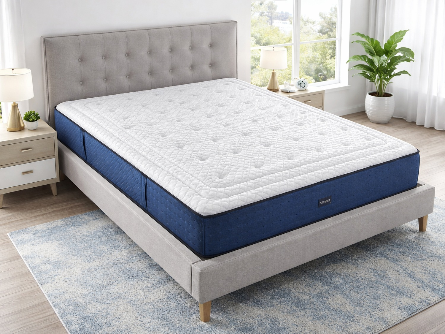 Una cama azul y blanca con colchón, mesitas de noche y ventana al fondo.