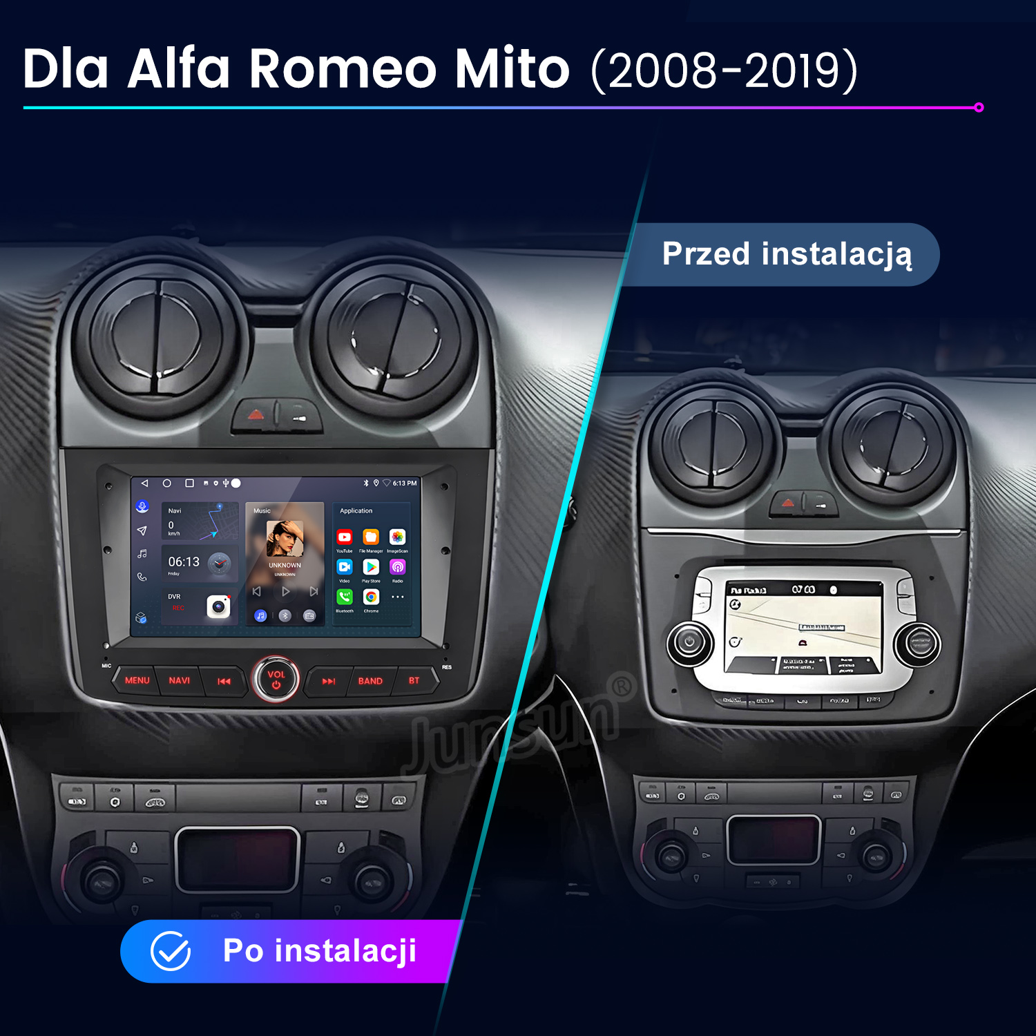 Porównanie deski rozdzielczej Alfa Romeo Mito: przed i po instalacji nowego systemu infotainment.