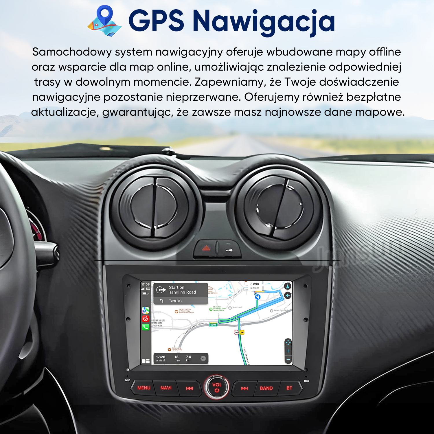 Deska rozdzielcza samochodu z ekranem nawigacji GPS wyświetlającym mapę drogową.