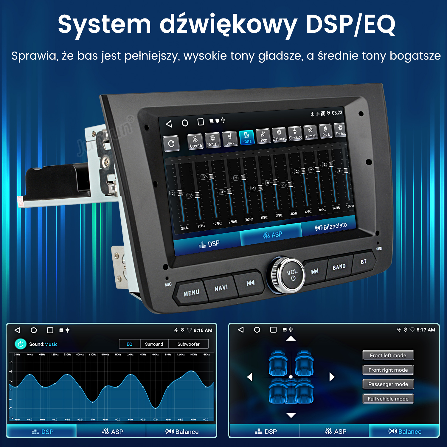 Ekran radia samochodowego z ustawieniami EQ i DSP oraz dystrybucją dźwięku pojazdu.
