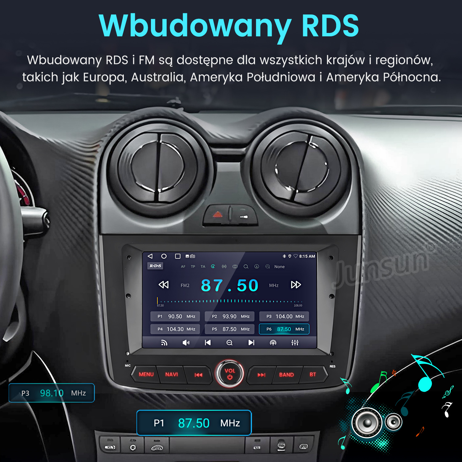 Ekran samochodowego radia wyświetla informacje o stacjach RDS i FM.