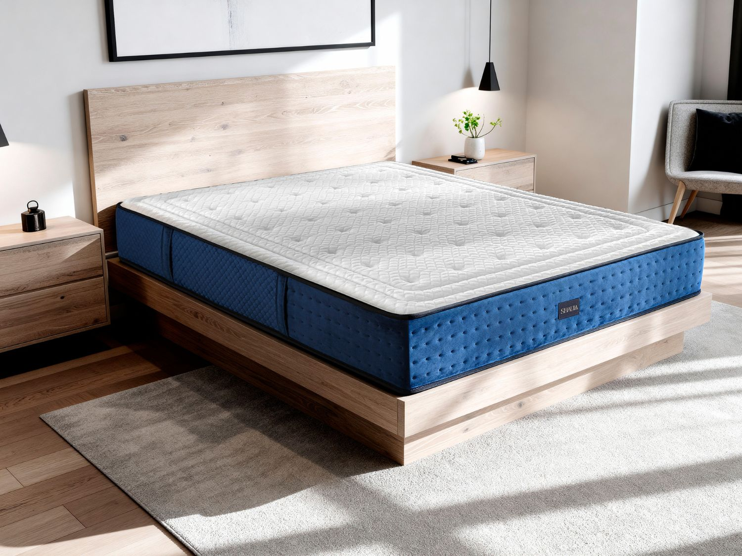 Un colchn azul y blanco sobre un somier de madera con mesitas de noche.