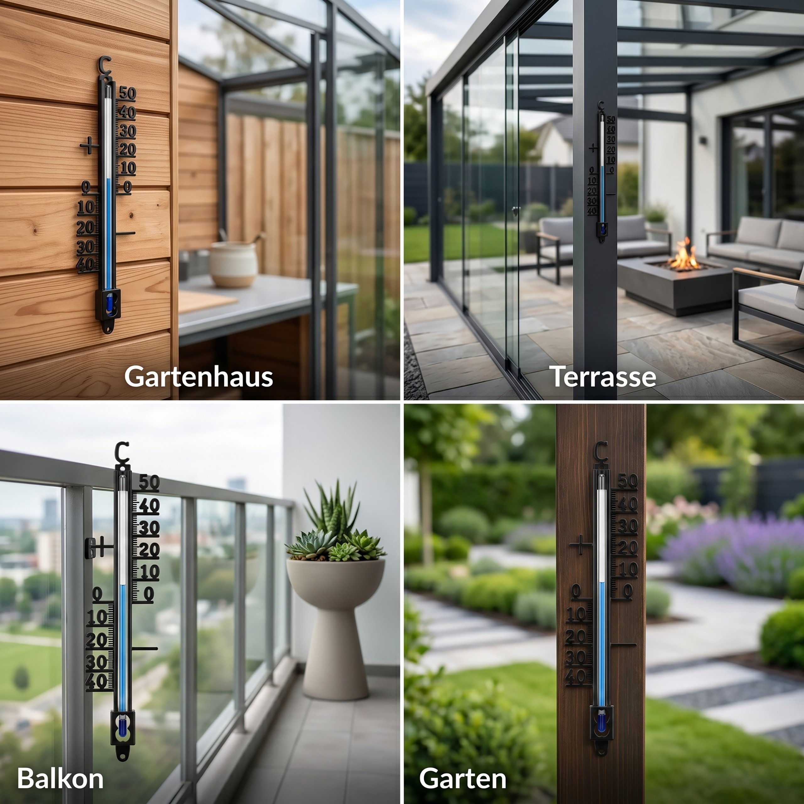 Vier Thermometer zeigen Temperaturen vor Gartenhaus, Terrasse, Balkon und Garten.