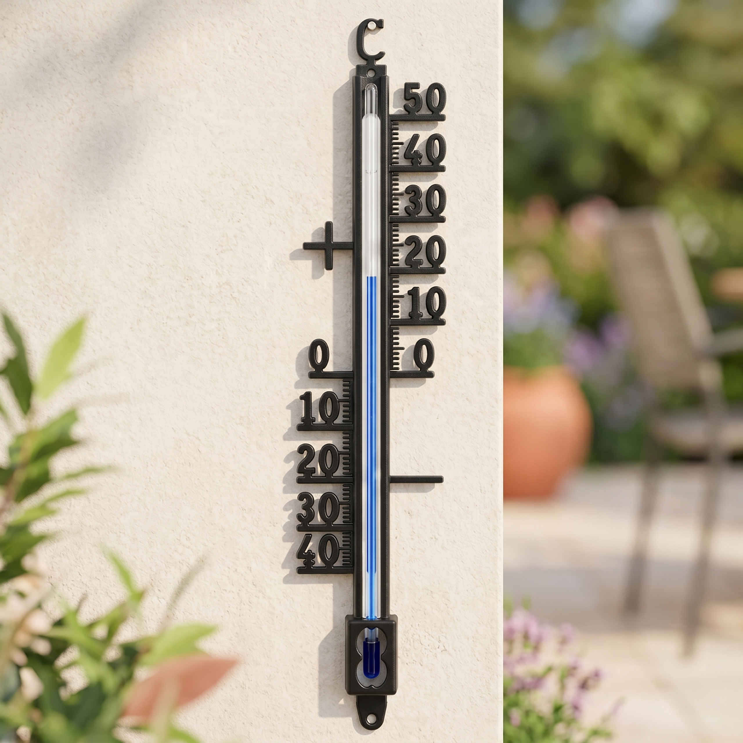 Ein schwarzes Thermometer an einer hellen Wand zeigt 12 Grad Celsius an.
