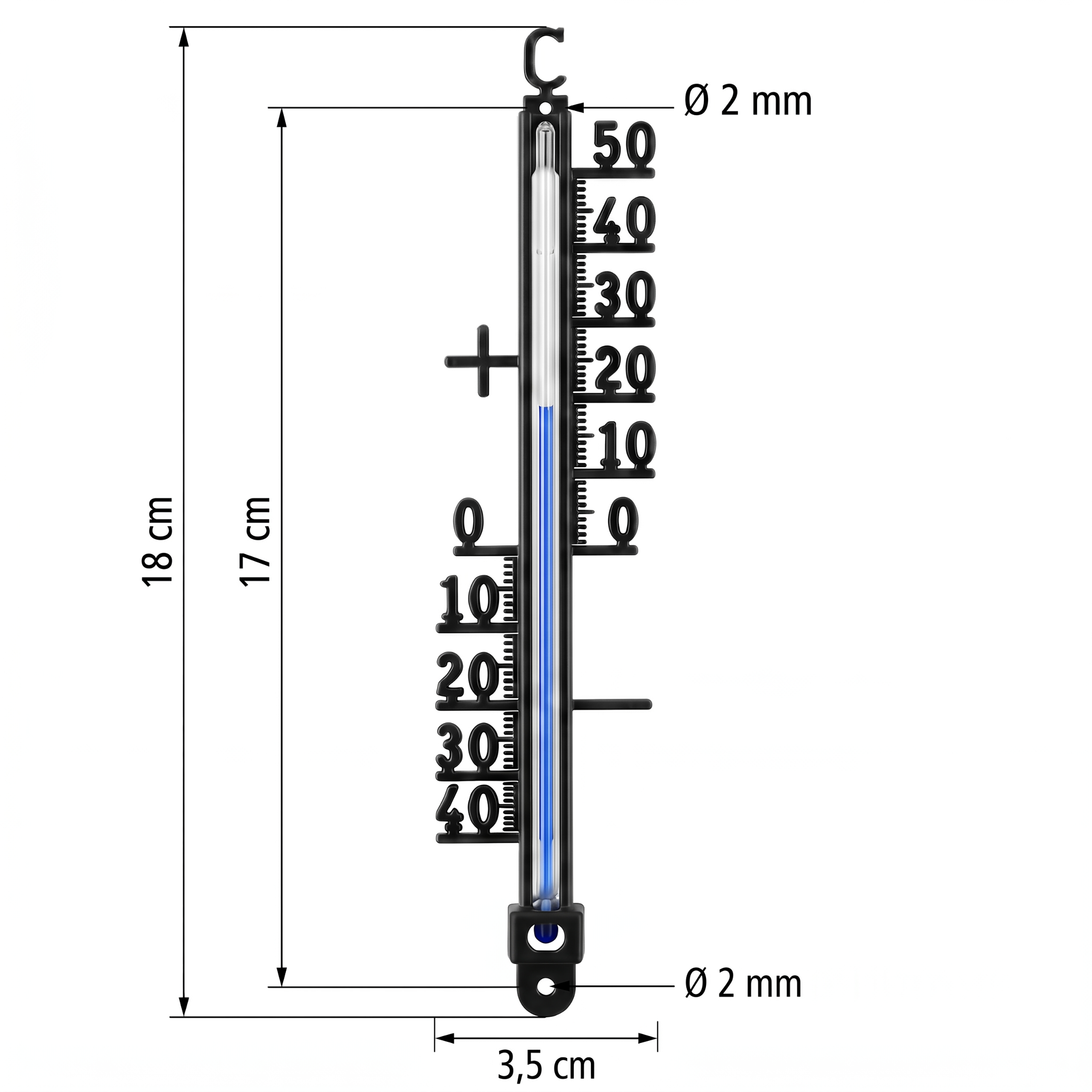 Ein schwarzes Thermometer mit blauer Flüssigkeit, Maße 18x3,5cm.