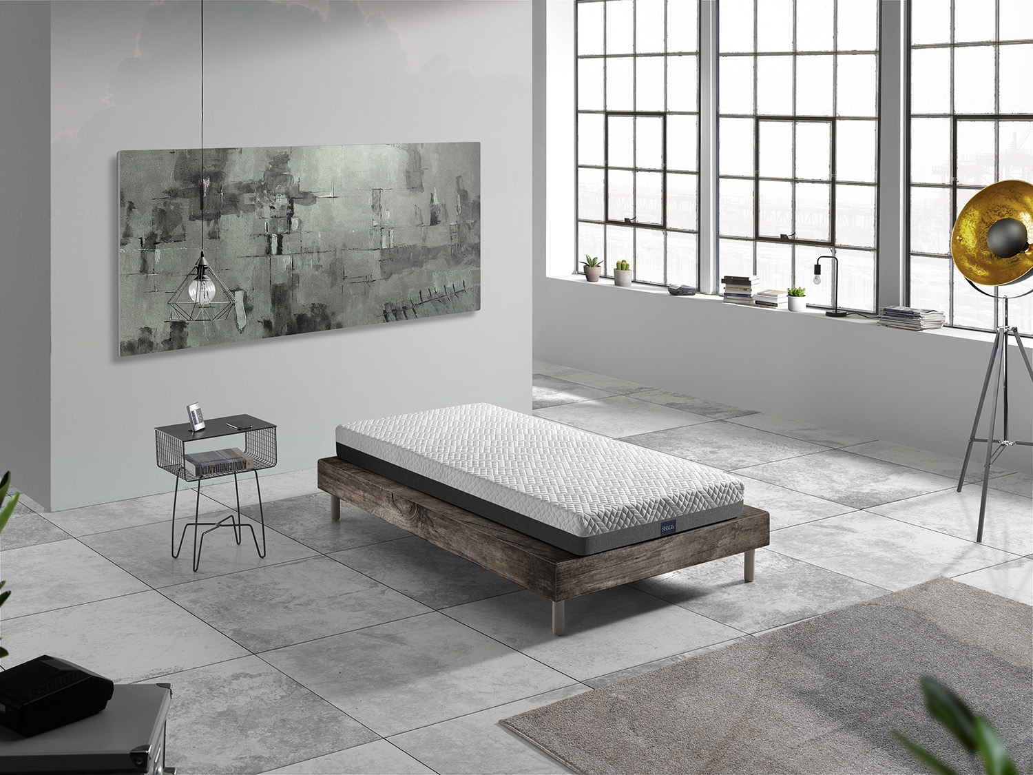 Dormitorio moderno con cama, mesita de noche, obra de arte y ventanas grandes.