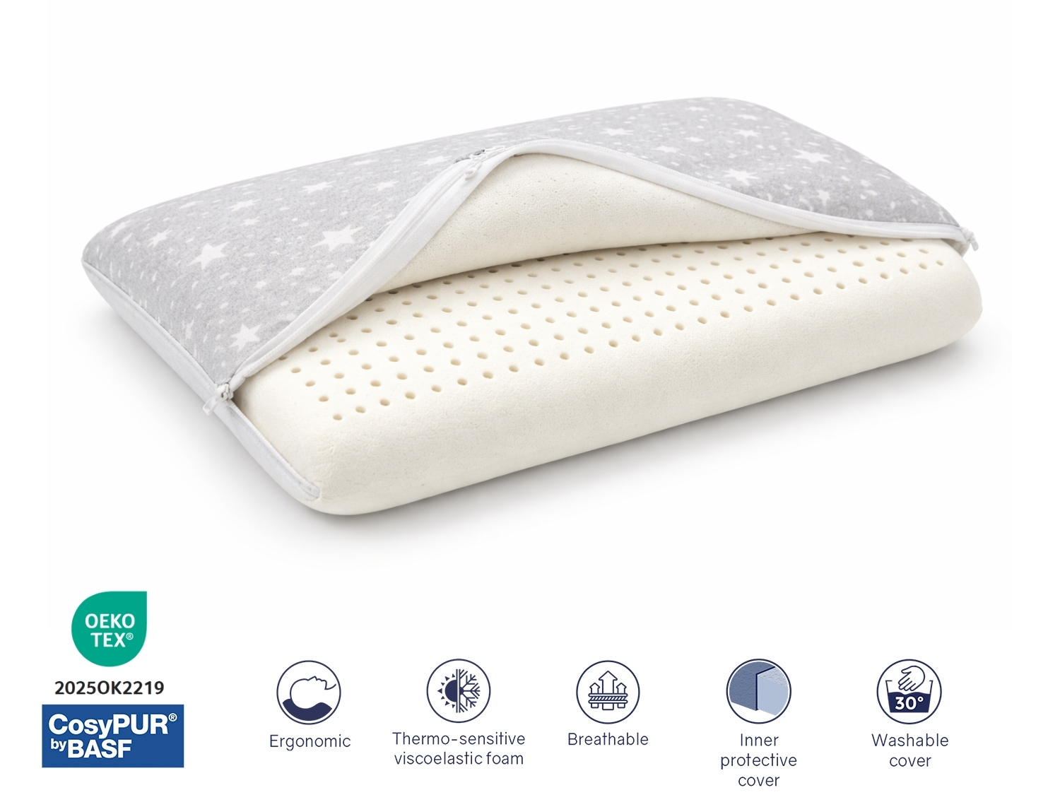 Una almohada con funda de estrellas y núcleo visible de espuma perforada.