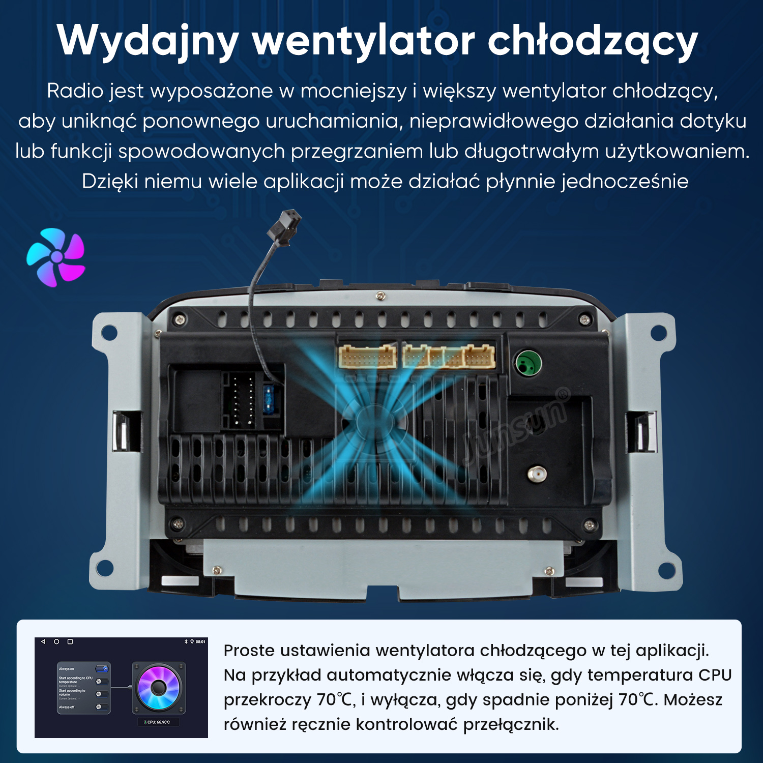 Tył radia samochodowego z wentylatorem i aplikacją temperatury.