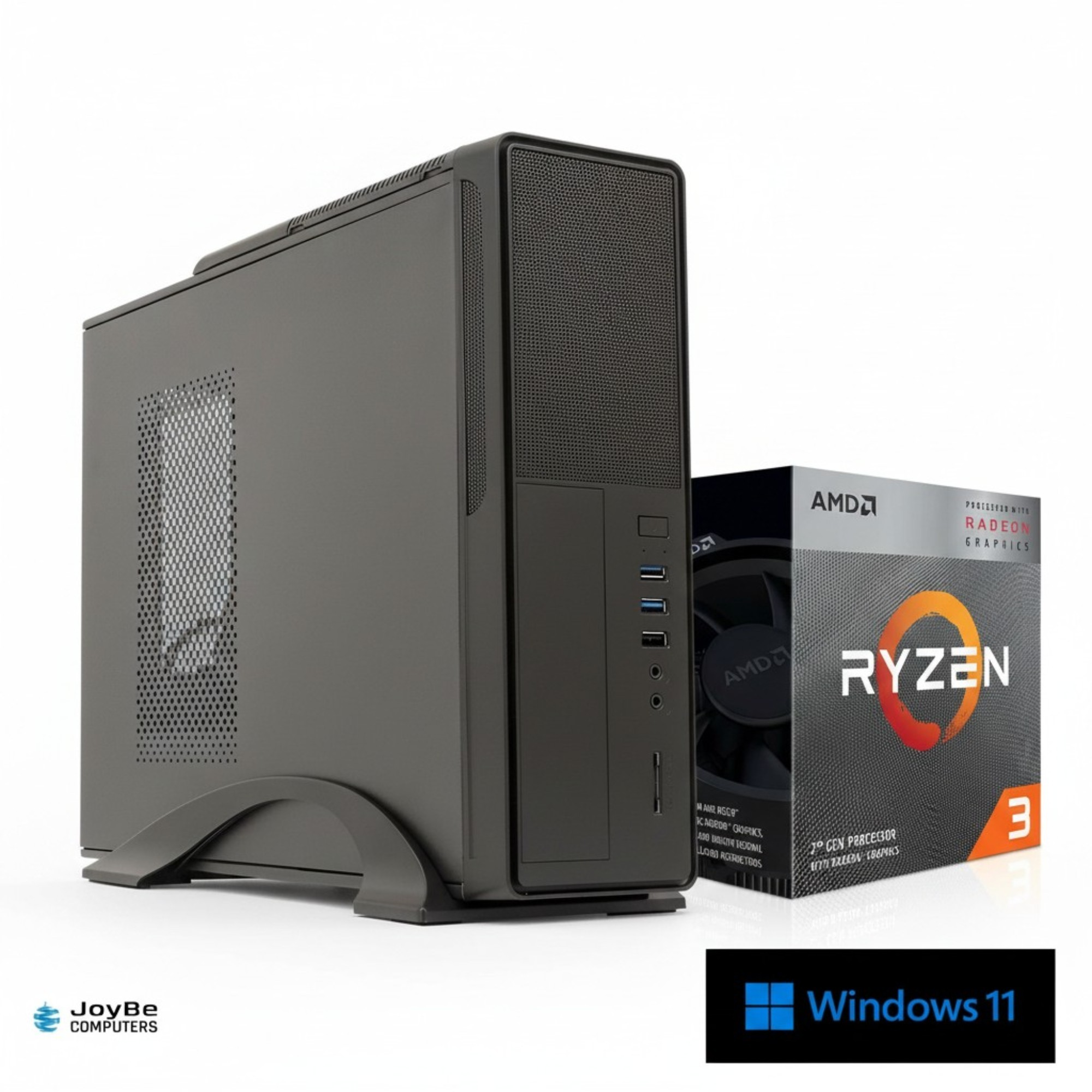 Un case PC nero accanto a una scatola CPU AMD Ryzen 3. Logo Windows 11.