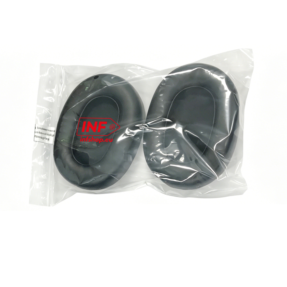 Zwei schwarze Kopfhörerpolster in einer Plastiktüte mit einem roten INF-Logo.