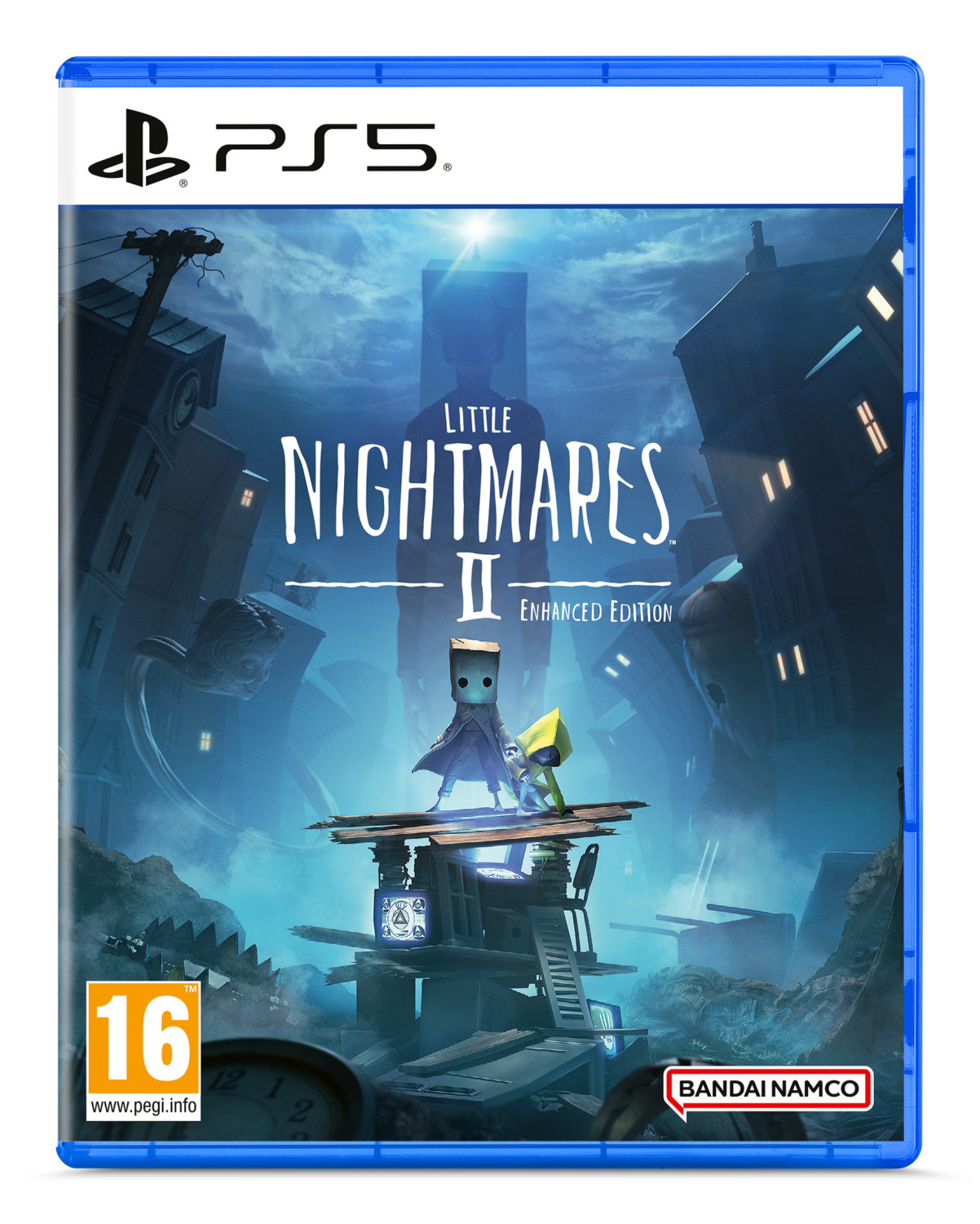 Copertina del gioco Little Nightmares II con due bambini su una piattaforma, logo PS5.