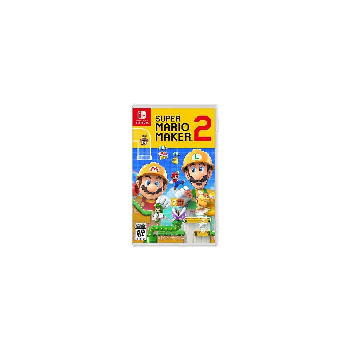 Copertina di Super Mario Maker 2: Mario e Luigi con elmetti, logo del gioco e personaggi.