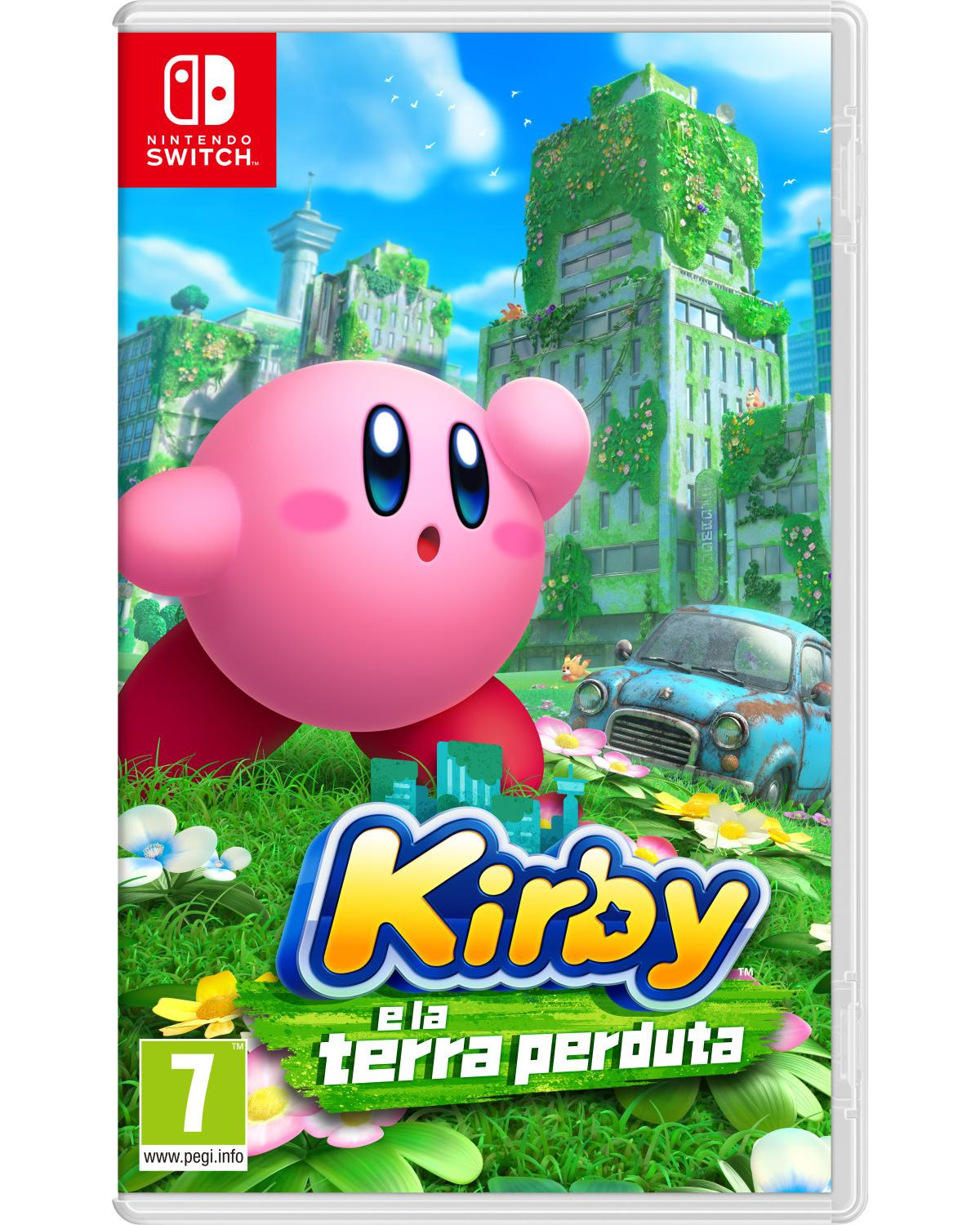 Kirby in un paesaggio urbano lussureggiante e verde, incolto, con un'auto arrugginita.