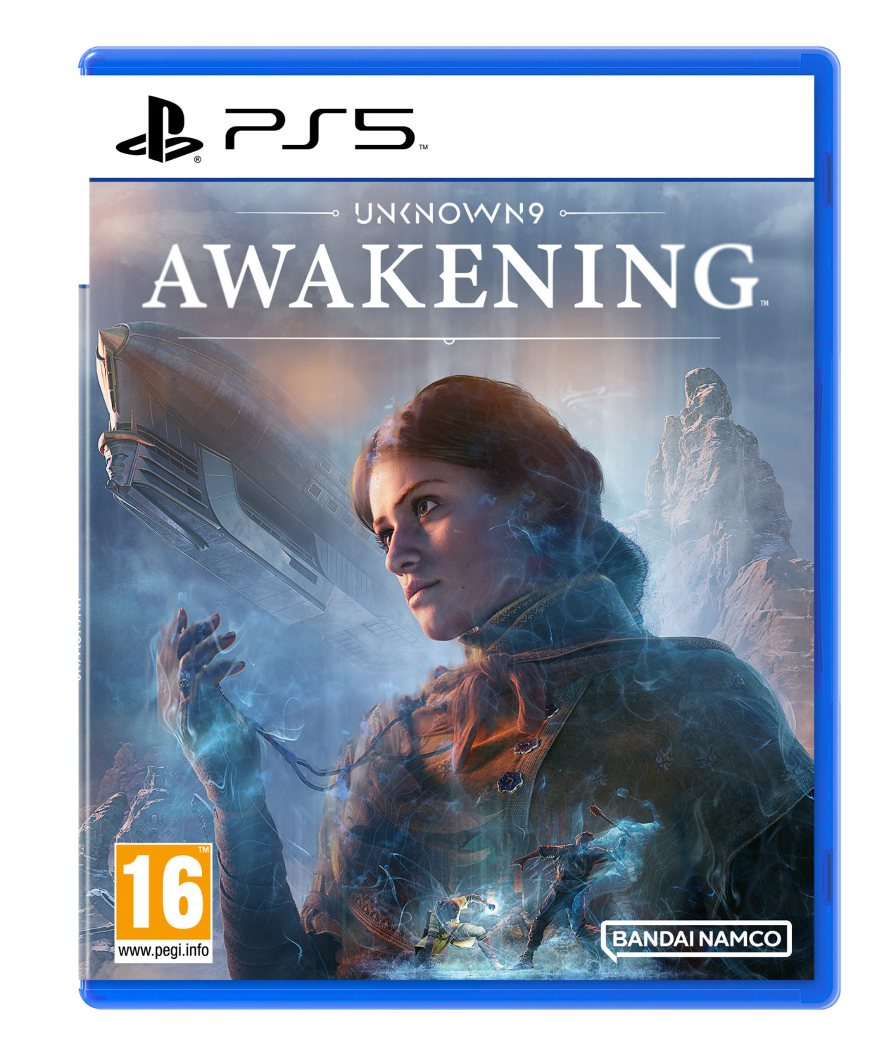 Copertina PS5: Donna in primo piano, dirigibile e montagne sullo sfondo.