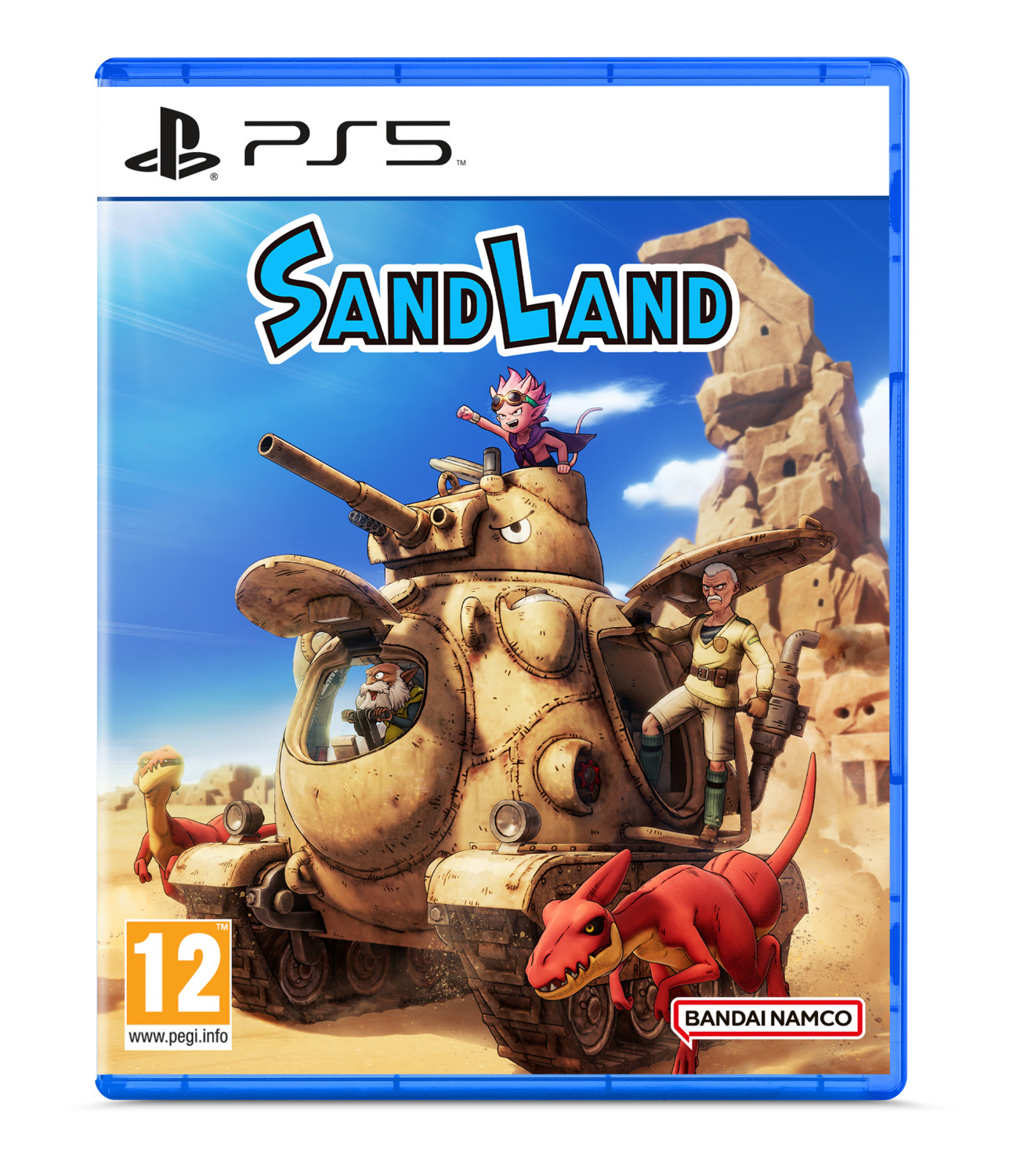 Copertina di SandLand PS5: Un carro armato con personaggi e dinosauri rossi in un deserto.