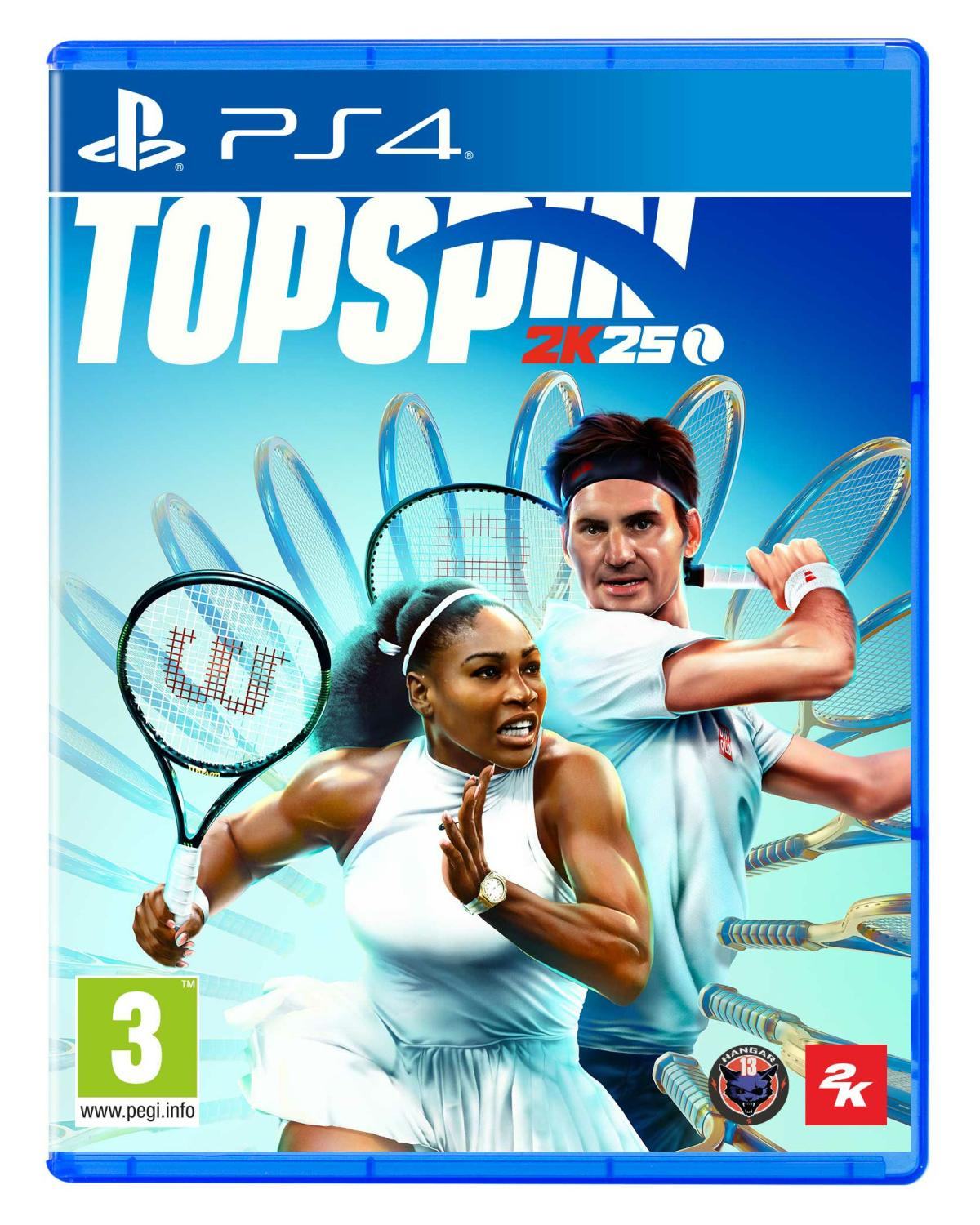 Copertina Topspin 2K25 PS4 con Serena Williams e Roger Federer, racchette da tennis sullo sfondo.