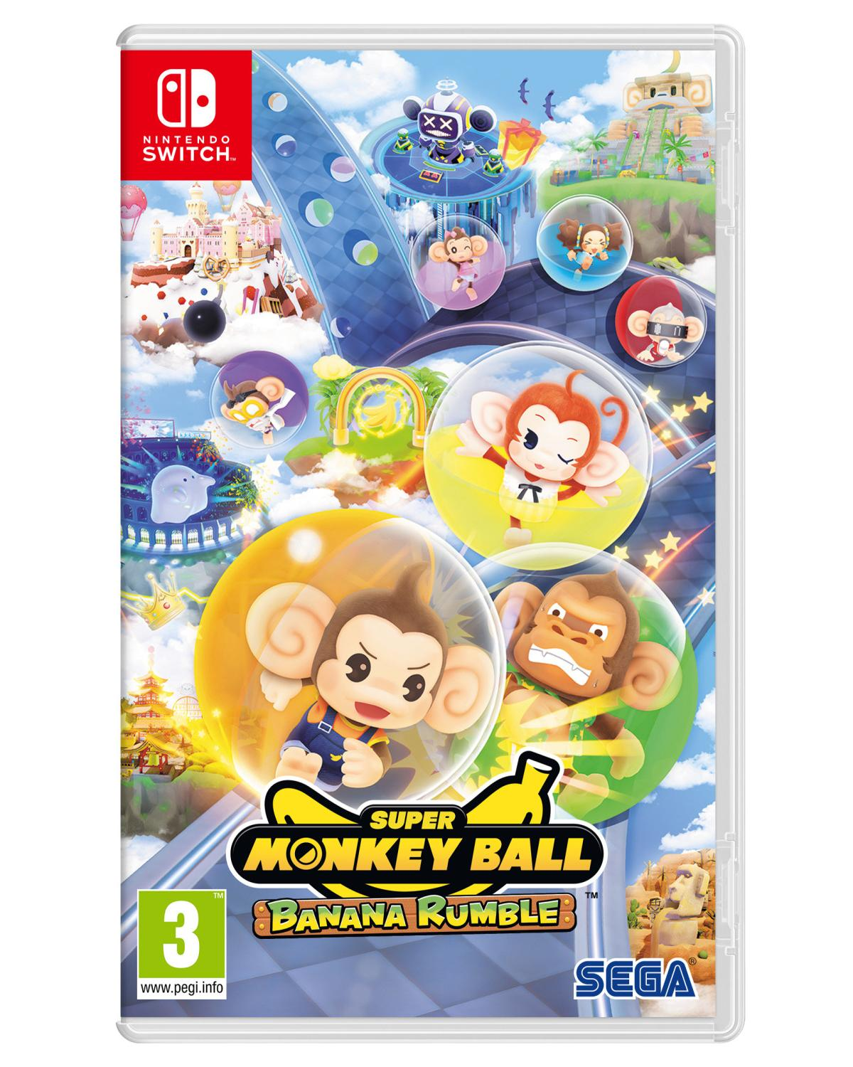 Copertina del gioco Super Monkey Ball Banana Rumble con scimmie in sfere e logo Nintendo Switch.