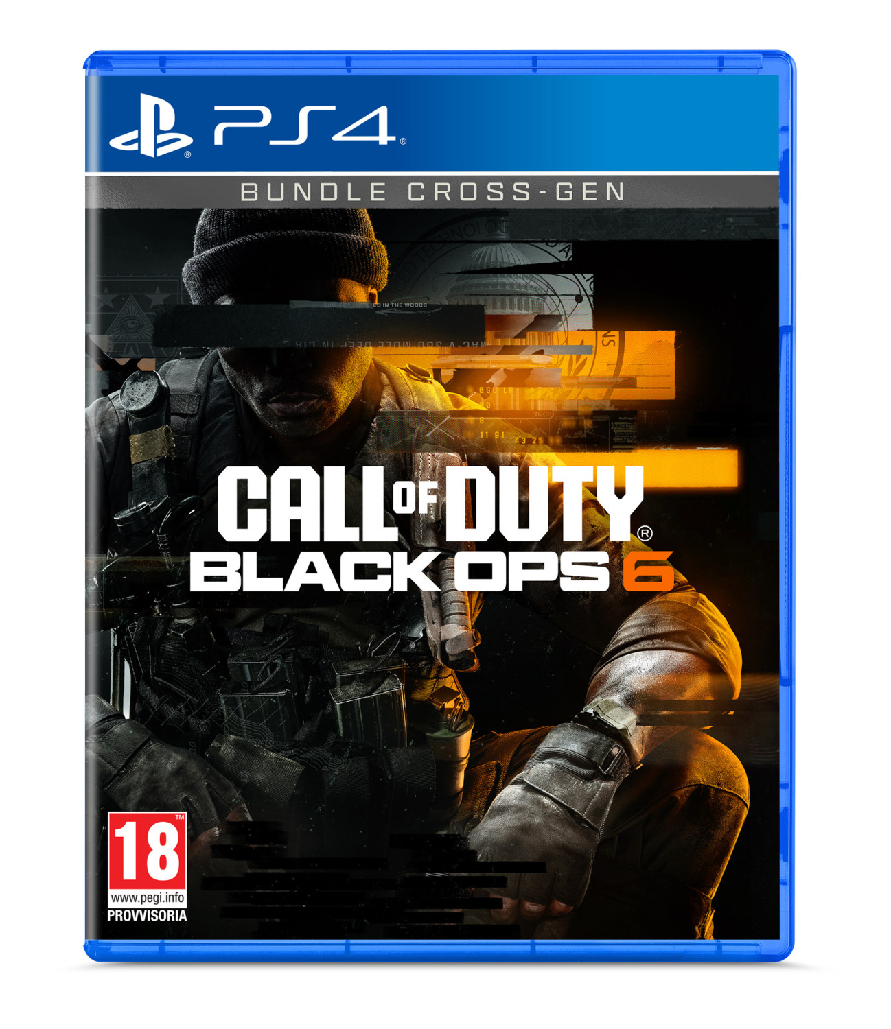 Copertina gioco PlayStation 4: Call of Duty Black Ops 6. Soldato, testo, classificazione PEGI 18.