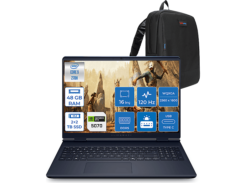 DELL Alienware 16 8 GB RTX5070 115 W 2.5k 120 Hz WAC16250-C932157F22 Intel Core i9 270H 48 GB RAM 2 TB SSD 16 inç FreeDOS Laptop+Çanta Siyah