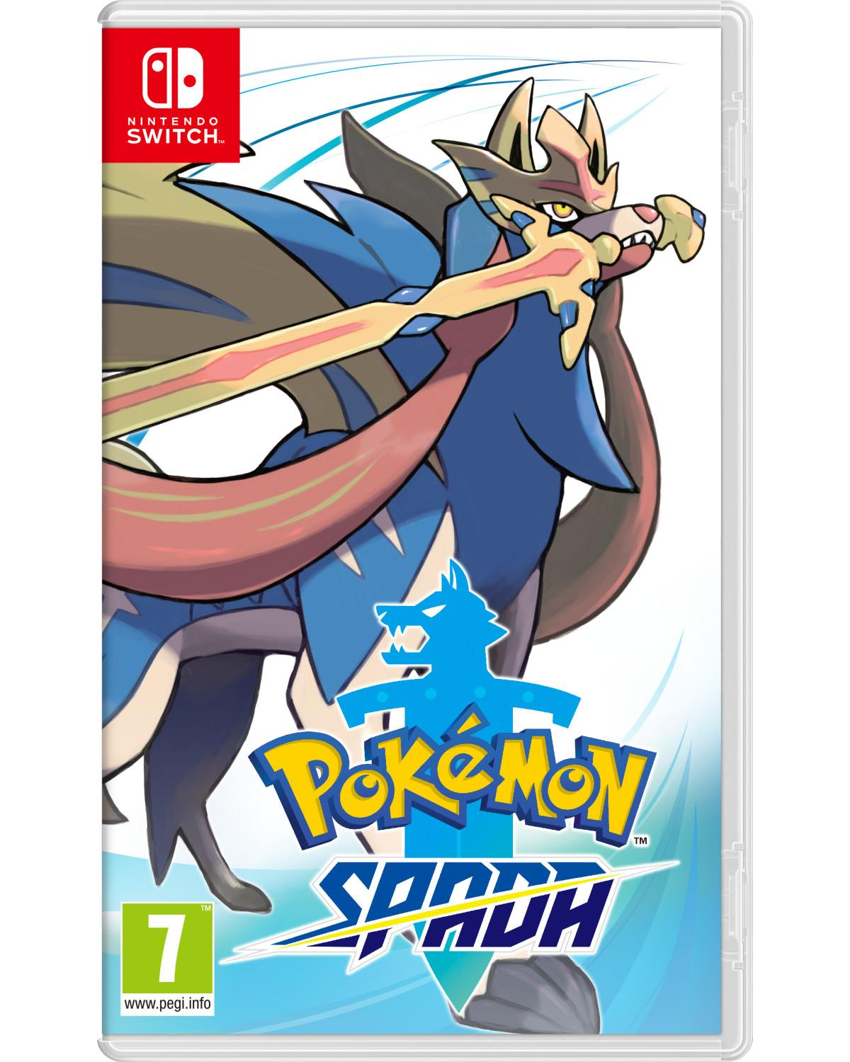 Copertina gioco Pokémon Spada con creatura blu simile a lupo che tiene spada.