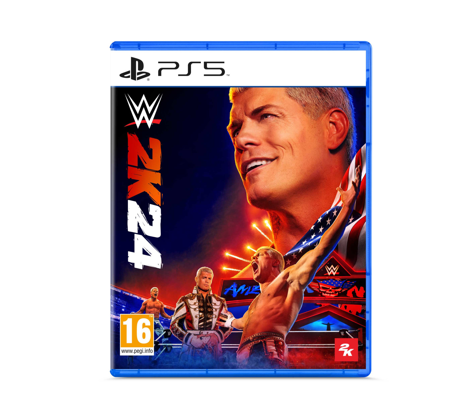 Custodia PS5 WWE 2K24 con Cody Rhodes e l'Aquila Americana in copertina.
