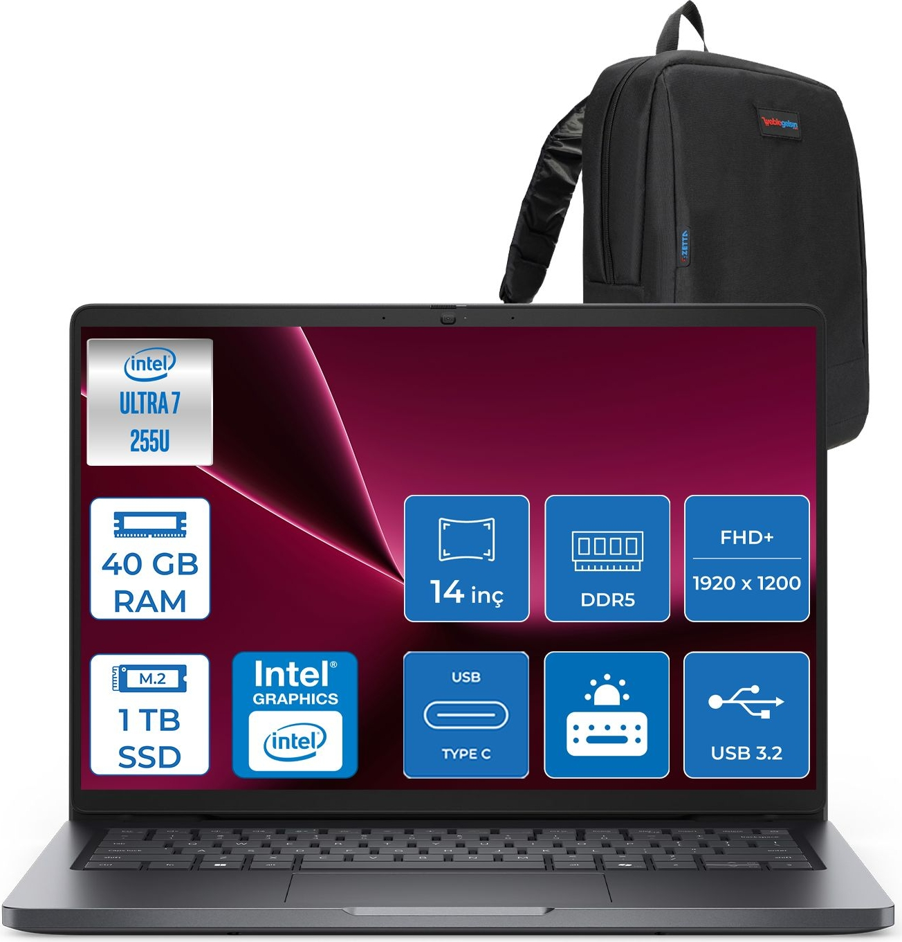 Intel Ultra 7 işlemcili dizüstü bilgisayar, 40GB RAM, 1TB SSD ve siyah sırt çantası.