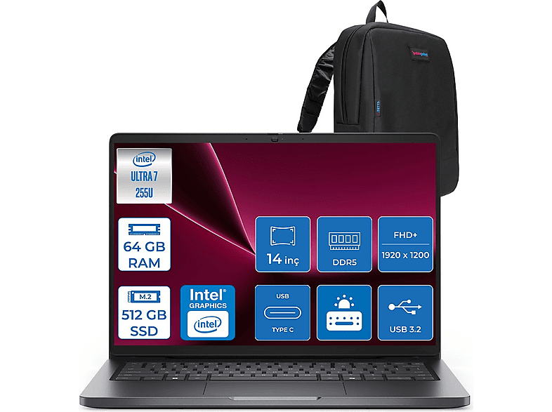 DELL Pro 14 DDR5 Graphics FHD+ IPS PC14250BTO107F21 Intel Core i7-255U 64 GB RAM 512 GB SSD 14 inç Ubuntu Laptop+Çanta Gümüş