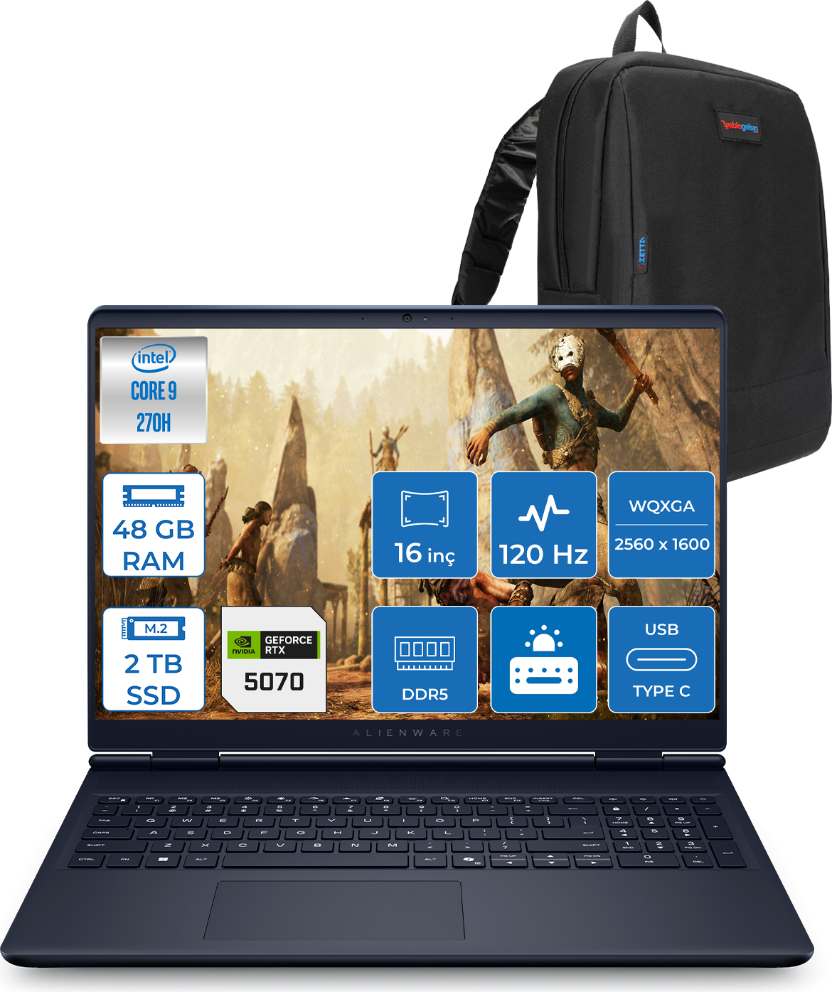 Intel Core i9, 48 GB RAM, 2 TB SSD, RTX 5070'li Alienware dizüstü bilgisayar ve sırt çantası.