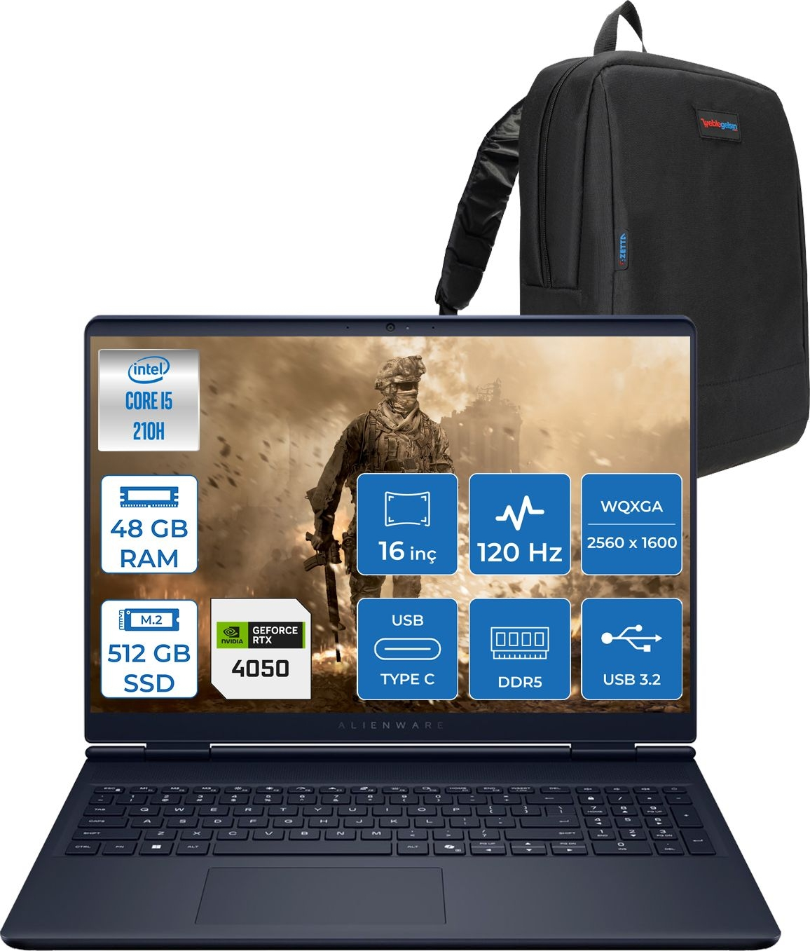 Intel Core i5, 48 GB RAM, 512 GB SSD, RTX 4050 işlemcili Alienware dizüstü bilgisayar ve sırt çantası.
