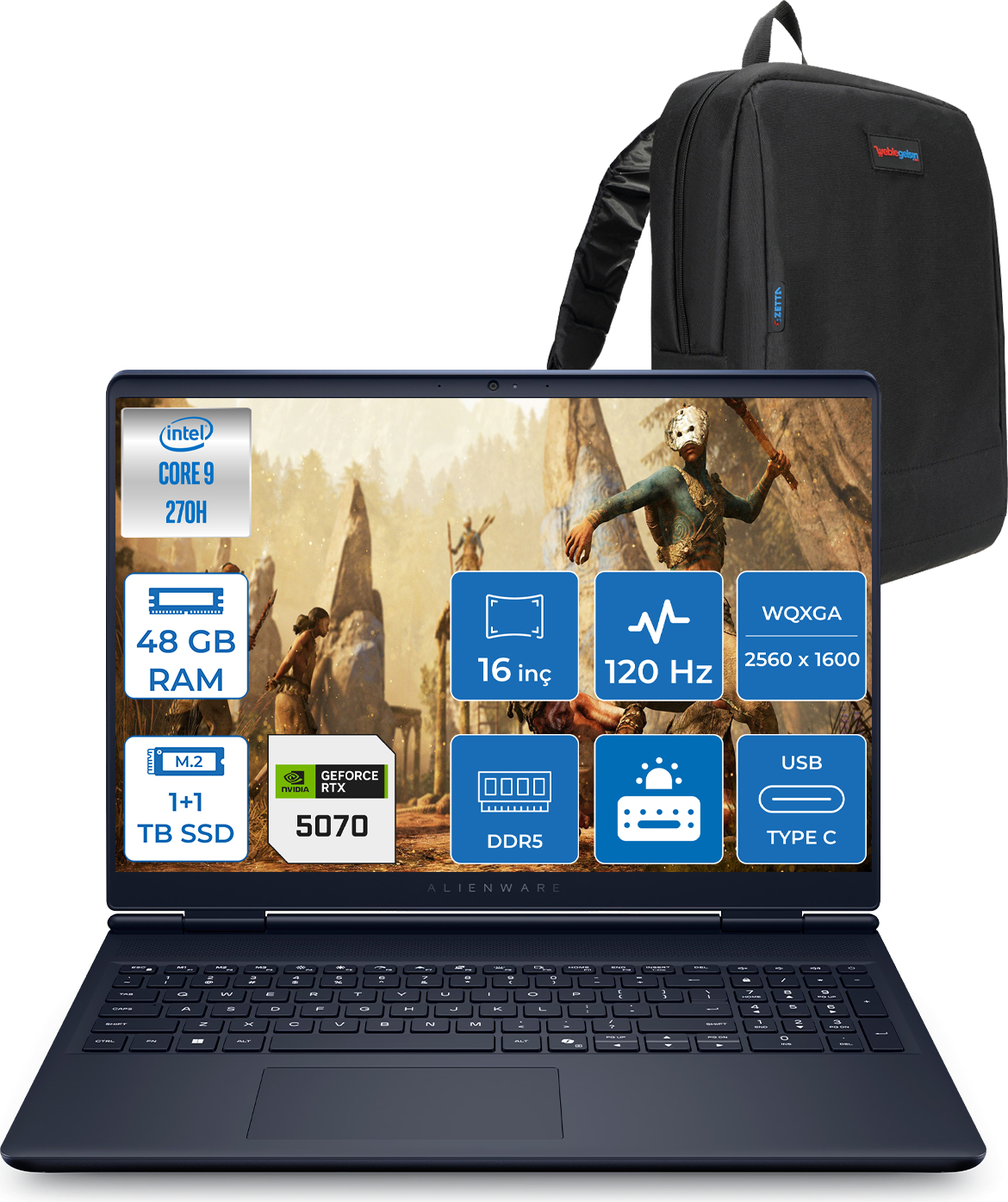 Intel Core i9, 48 GB RAM, 1 TB SSD ve RTX 5070 özellikli Alienware dizüstü bilgisayar.