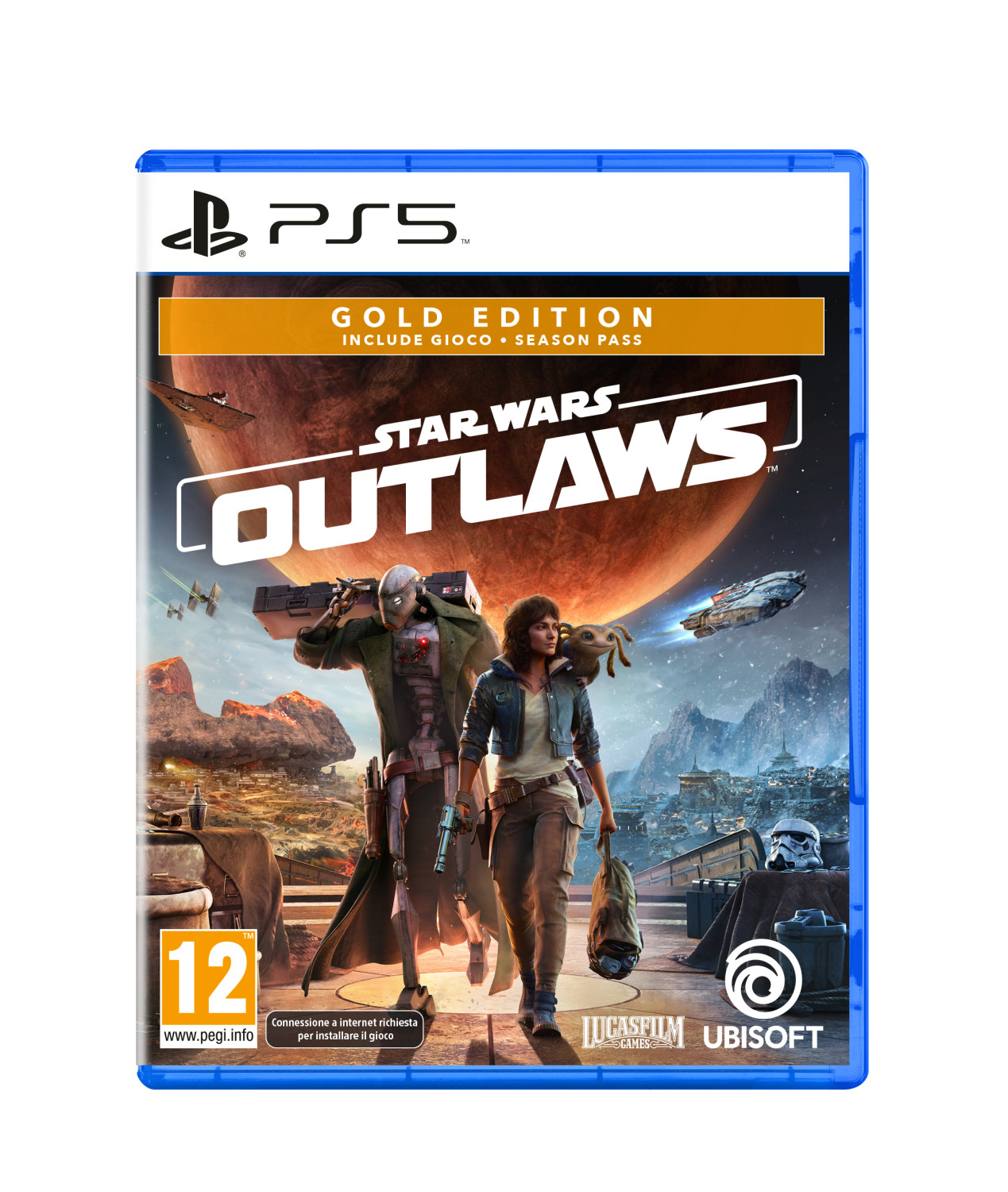 Copertina Star Wars Outlaws Gold Edition PS5 con due personaggi davanti a un pianeta desertico.
