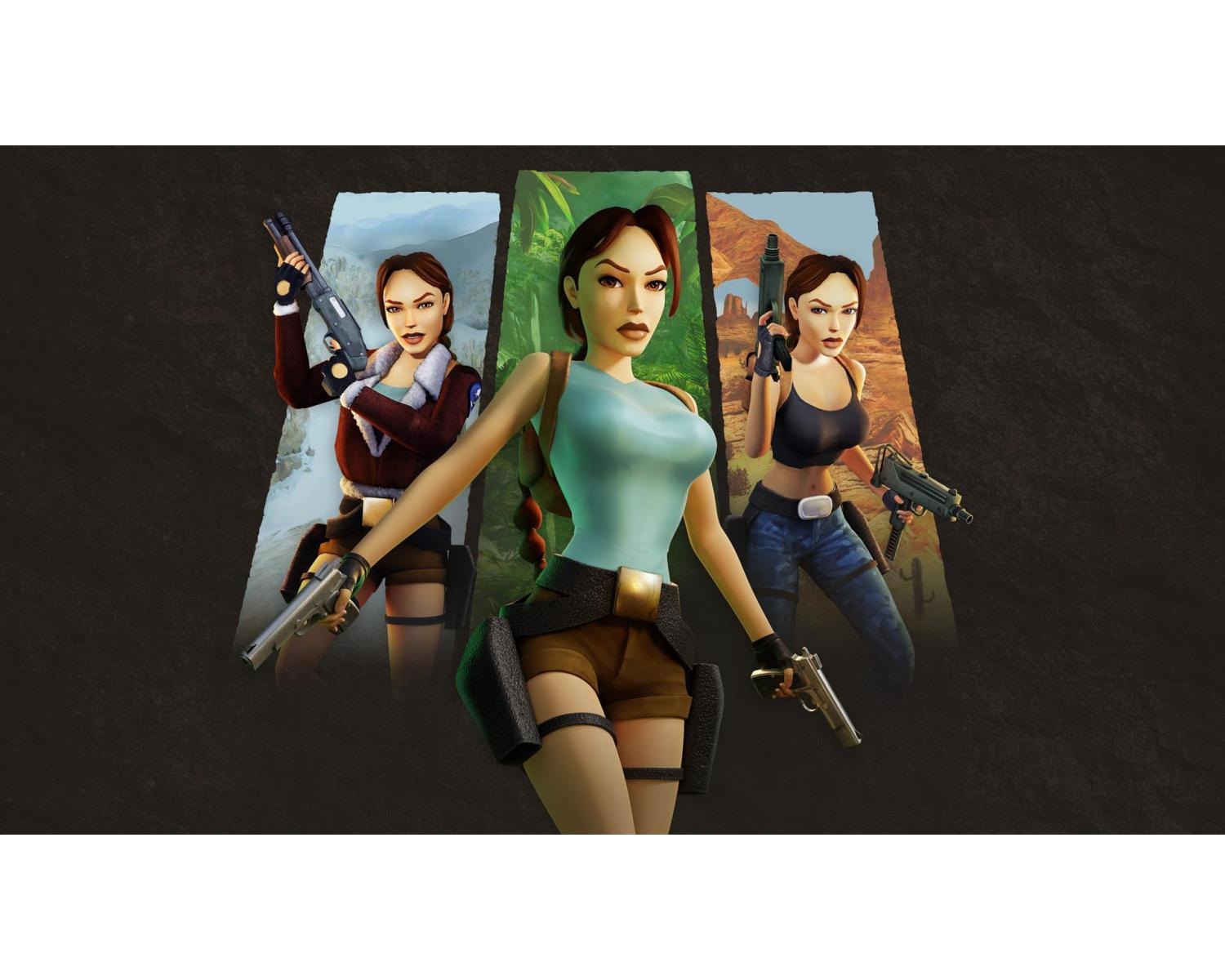 Tre figure di Lara Croft con armi su vari sfondi.