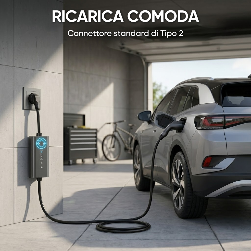 Un'auto elettrica si sta caricando in un garage con una colonnina.