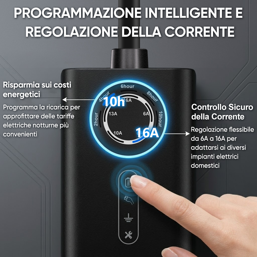 Un caricatore nero con display che mostra 16A e 10h. Una mano tocca un pulsante.