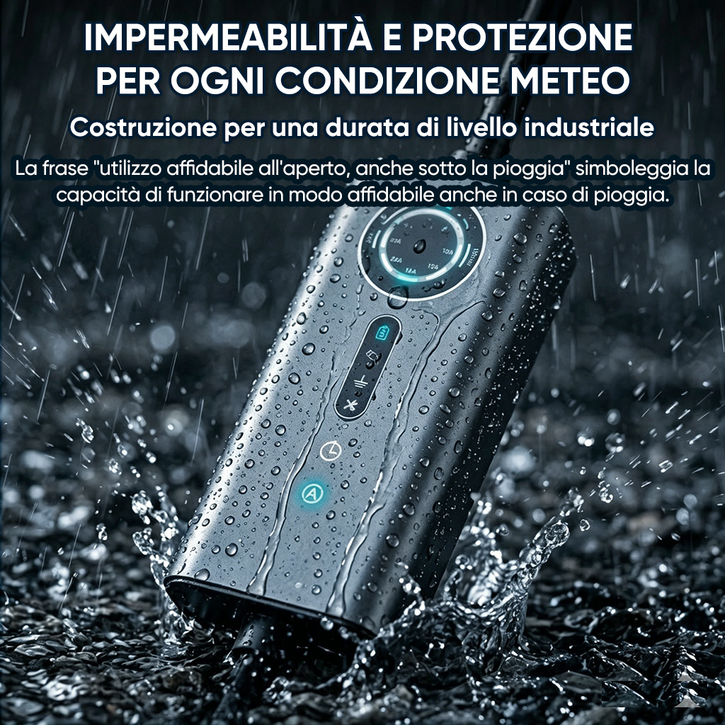 Un dispositivo nero coperto di gocce d'acqua sotto la pioggia, evidenziando l'impermeabilità.