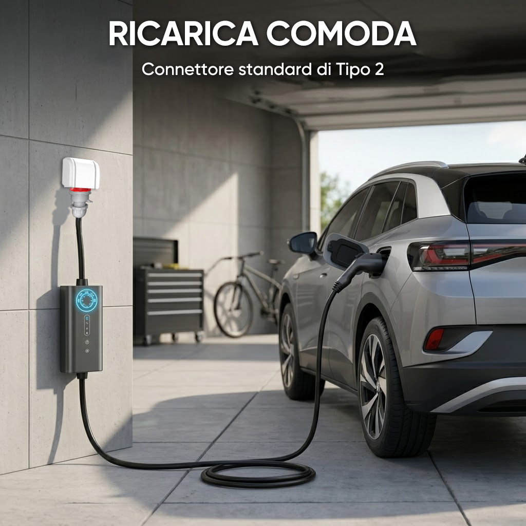 Un'auto elettrica argentata si ricarica in un garage tramite connettore Tipo 2.