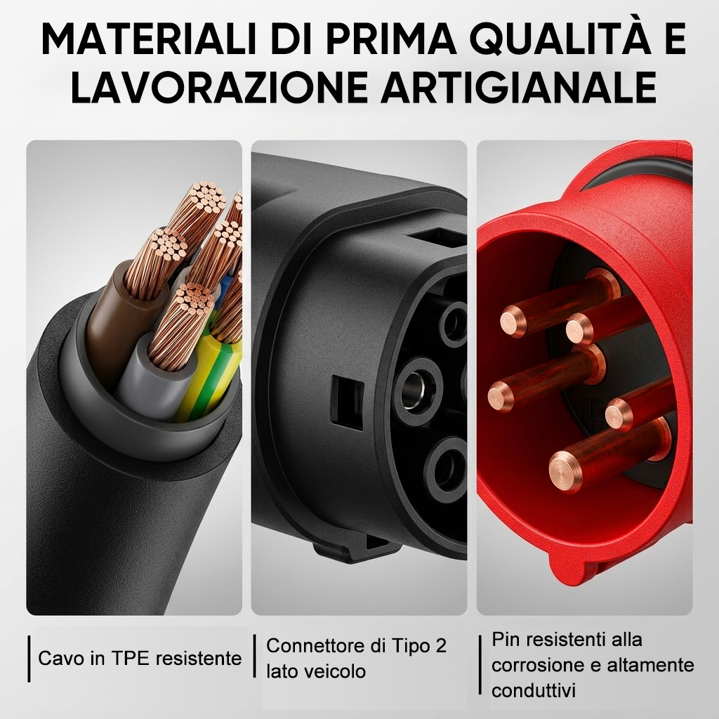 Immagini mostrano cavo, connettore e pin. Materiali di qualità, lavorazione artigianale.