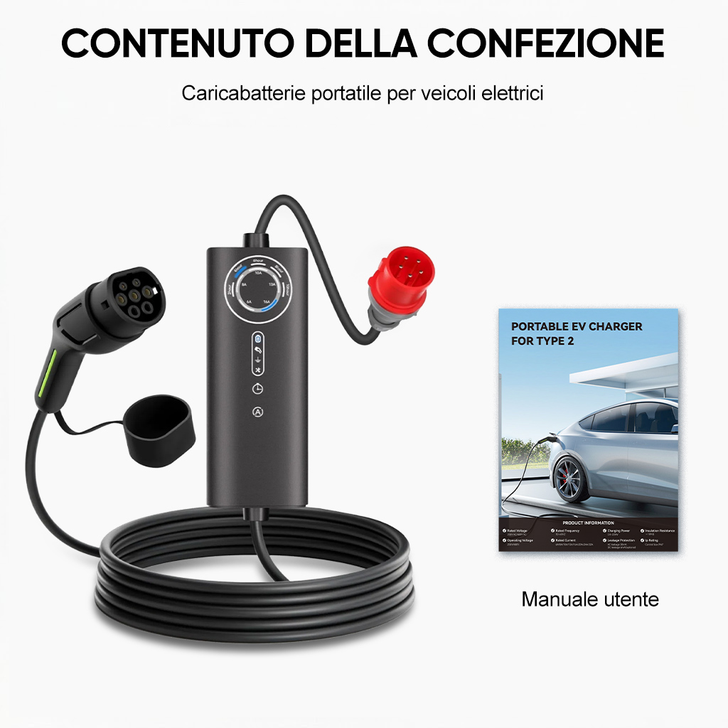 Caricabatterie portatile per veicoli elettrici con cavo e spina, accanto manuale.