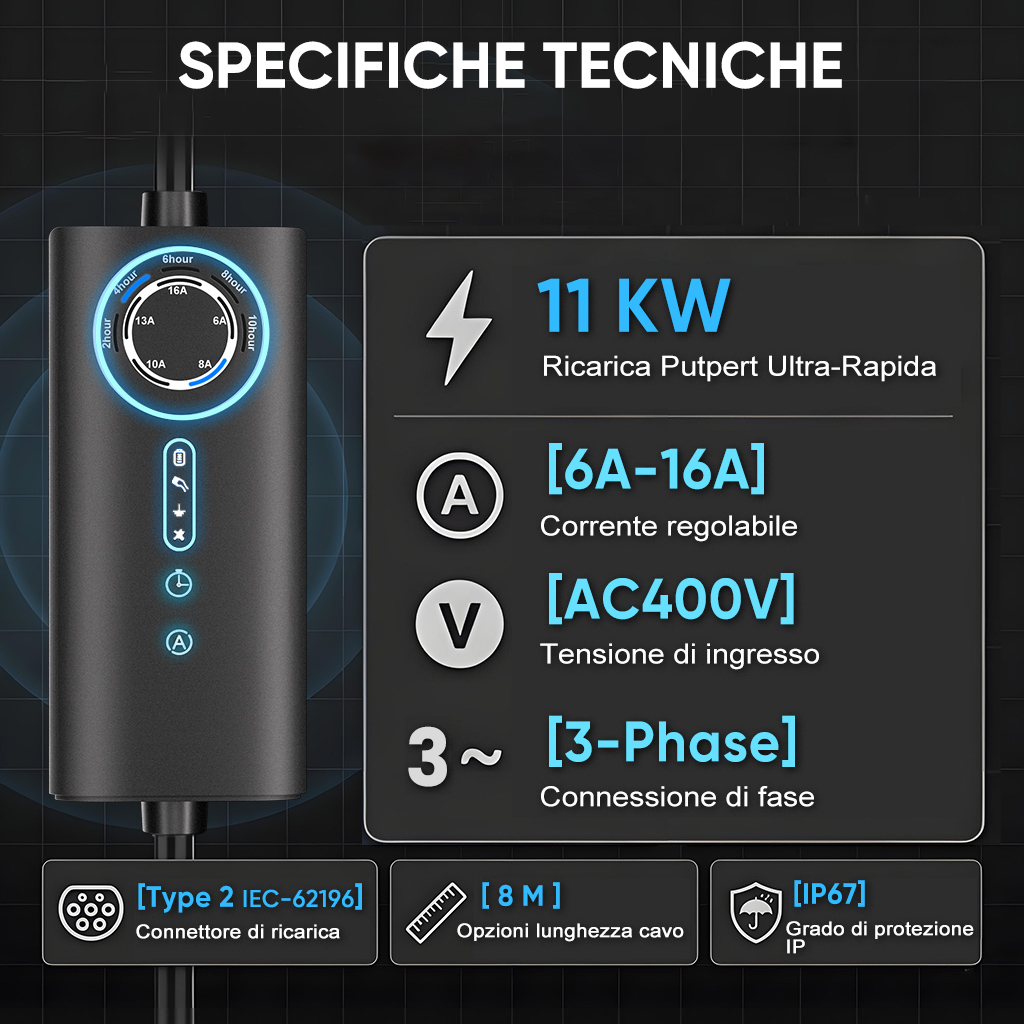 Specifiche tecniche: 11kW, 6-16A, AC400V, 3 fasi, connettore Tipo 2, cavo 8m, IP67.