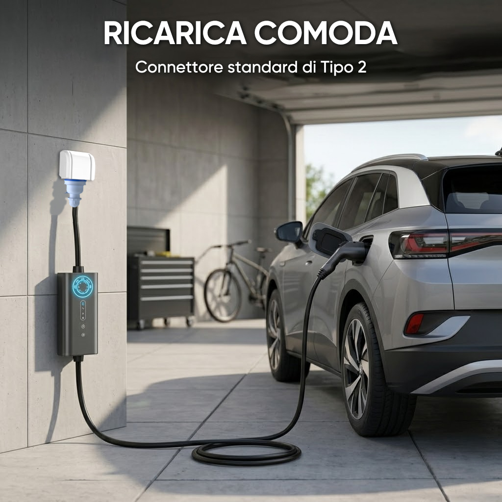Un'auto elettrica si sta caricando in un garage con un caricatore Tipo 2.