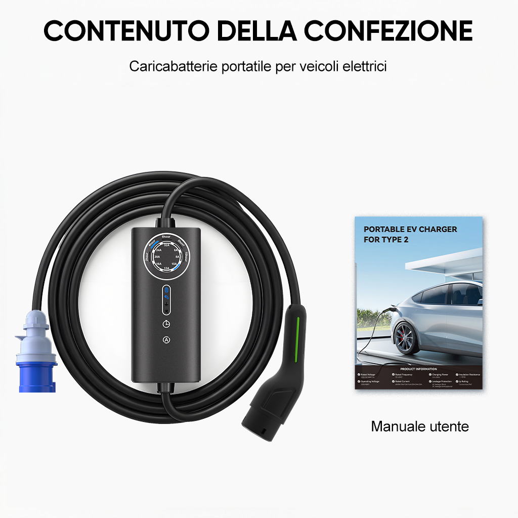 Caricabatterie EV portatile con cavo e spina, accanto a un manuale utente.